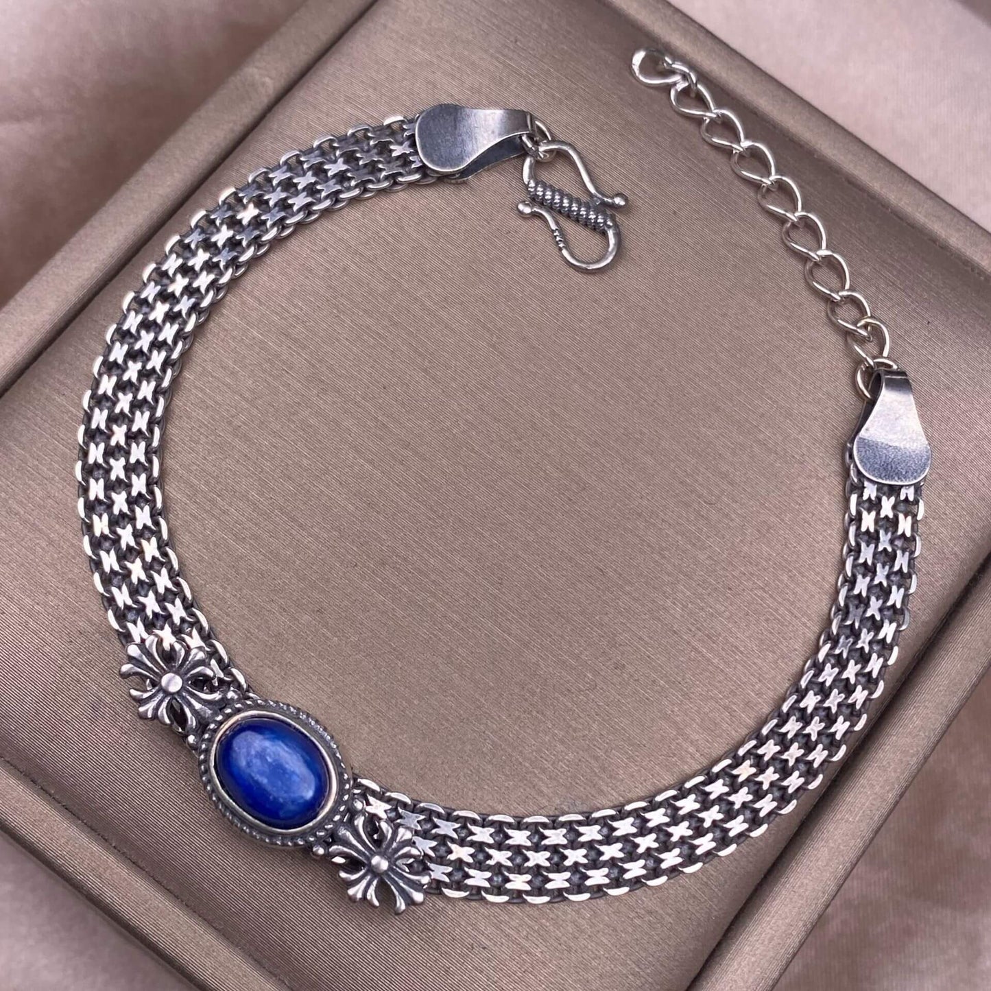 Ghost Amber Sea pattern stone, grape stone, Golden Sun, blue crystal stone, abalone shell, old wax, purple dragon crystal, black opal, golden fortune stone, yellow crystal, opal Bracelet S925 silver inlaid retro silver jewelry Wide Tank Chain