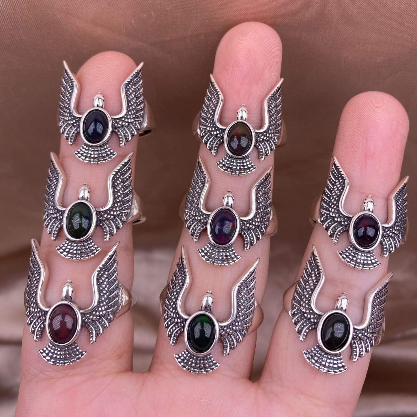 London blue topaz, Swiss blue topaz, grey moonstone, Golden Fortune stone ring S925 in silver eagle shaped silveer ring