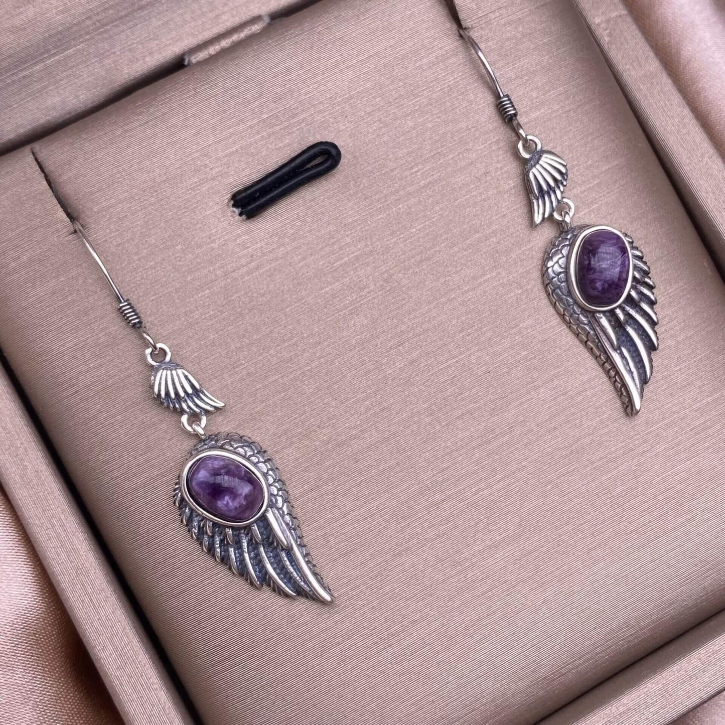 Garnet, black opal, black shell, white shell, tea crystal, purple dragon crystal wings earrings S925 (Copy)