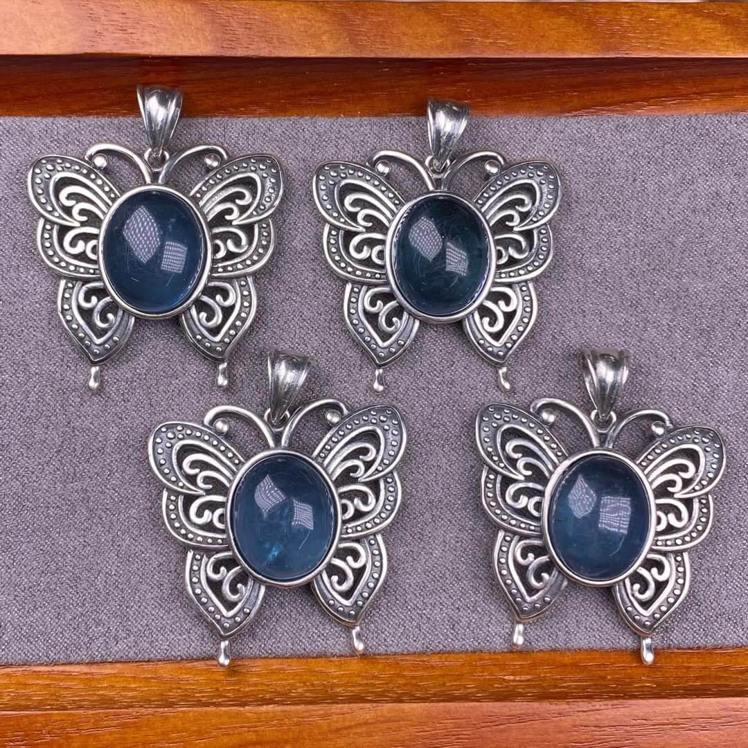Lalima sea Pattern Stone Rose quartz, blue moonstone, aquamarine, old wax, flower amber, amethyst, turquoise, Hetian jade, grape stone pendant S925 silver inlaid retro butterfly necklace pendant