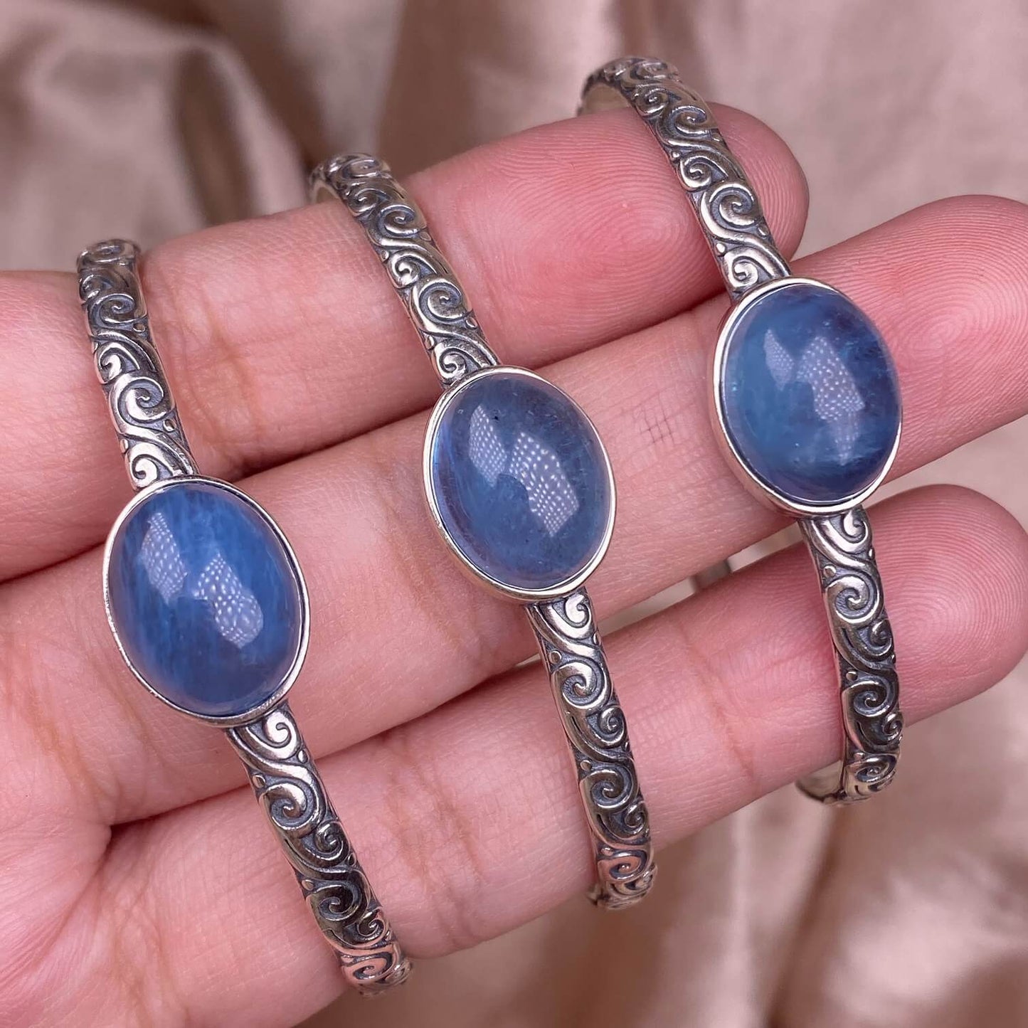 Old wax, green dragon crystal, south red, rose crystal, blue crystal, Peter stone bangle bracelet S925, silver inlaid, retro open bracelet