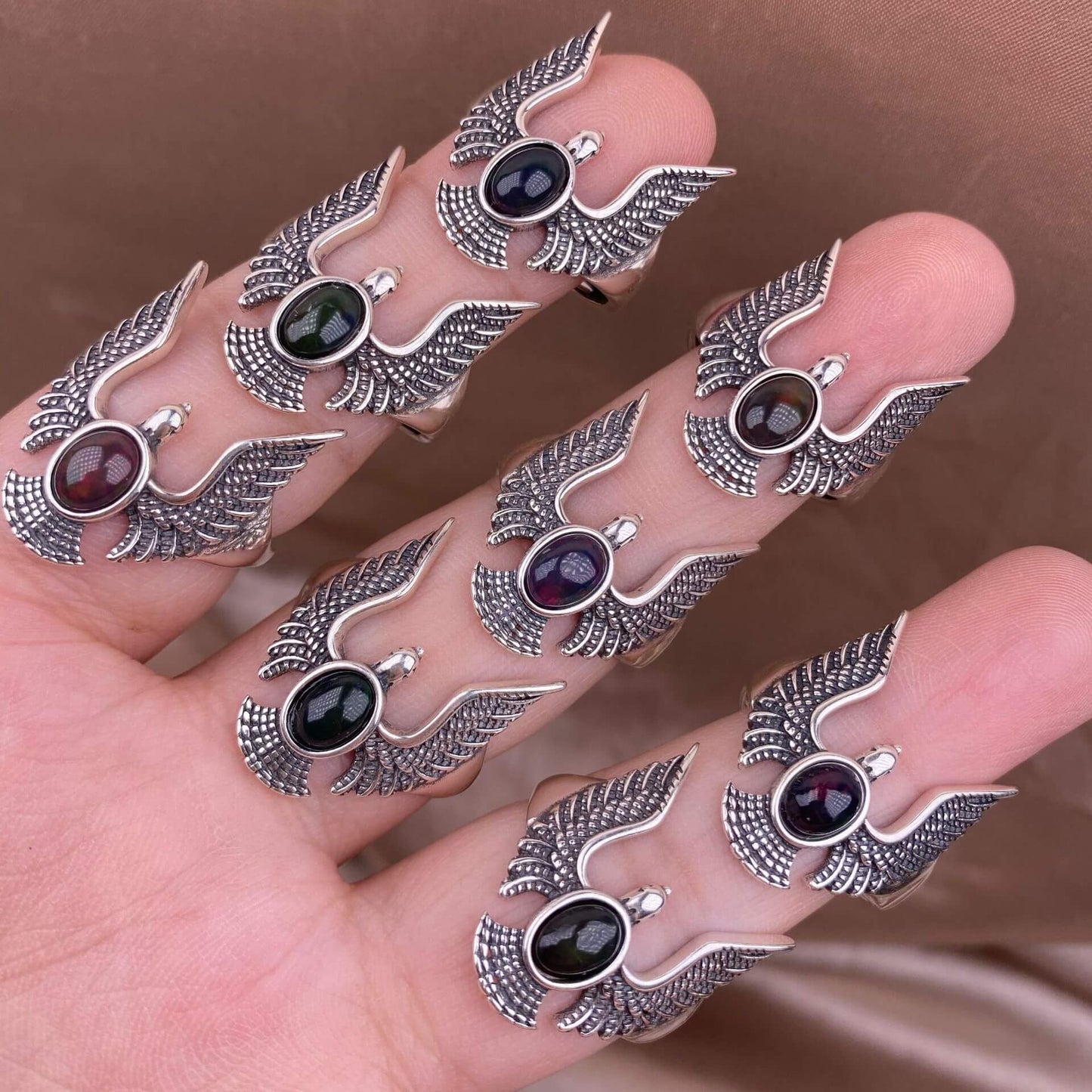 London blue topaz, Swiss blue topaz, grey moonstone, Golden Fortune stone ring S925 in silver eagle shaped silveer ring