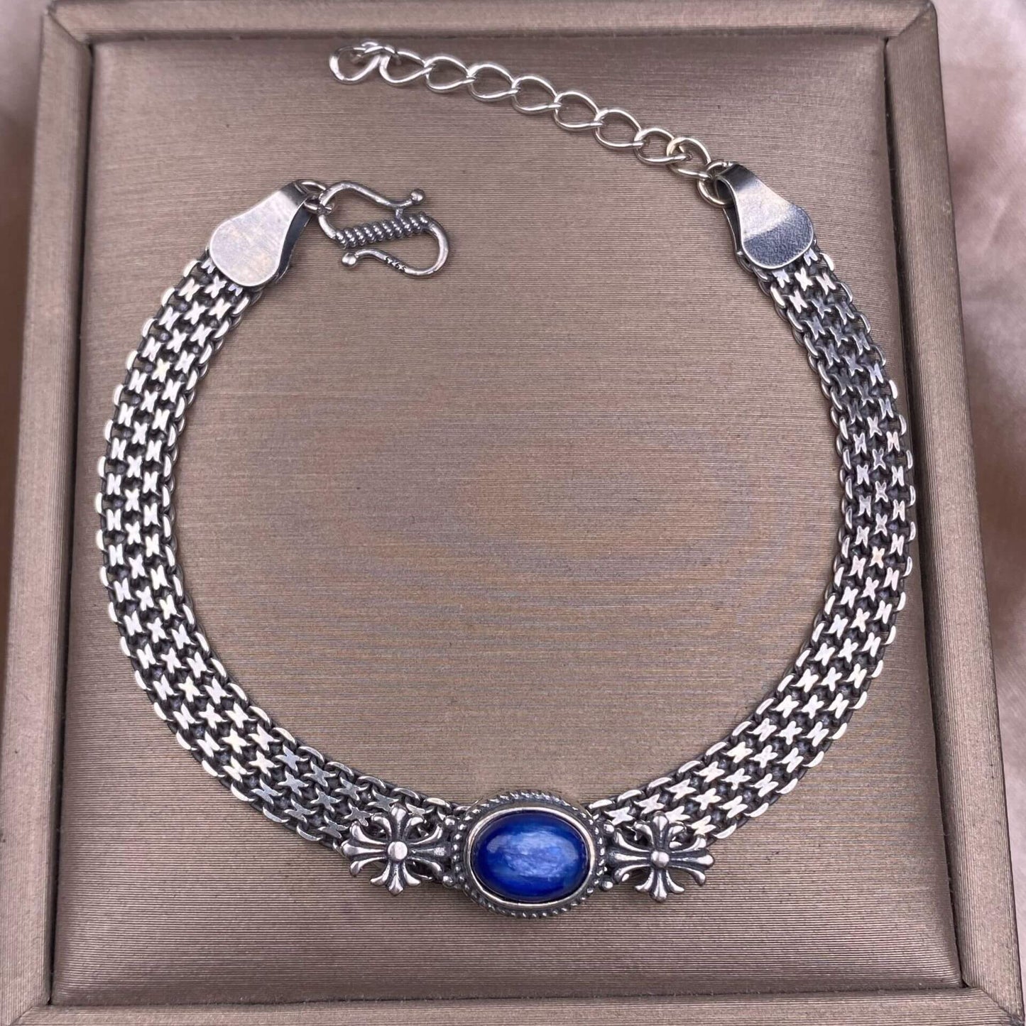 Ghost Amber Sea pattern stone, grape stone, Golden Sun, blue crystal stone, abalone shell, old wax, purple dragon crystal, black opal, golden fortune stone, yellow crystal, opal Bracelet S925 silver inlaid retro silver jewelry Wide Tank Chain