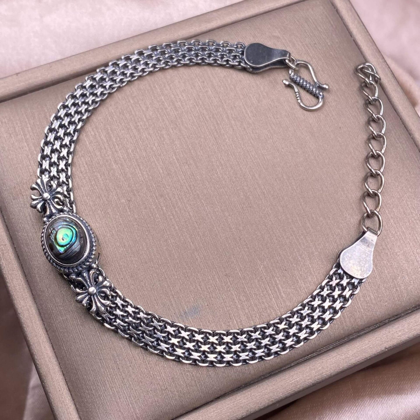 Ghost Amber Sea pattern stone, grape stone, Golden Sun, blue crystal stone, abalone shell, old wax, purple dragon crystal, black opal, golden fortune stone, yellow crystal, opal Bracelet S925 silver inlaid retro silver jewelry Wide Tank Chain