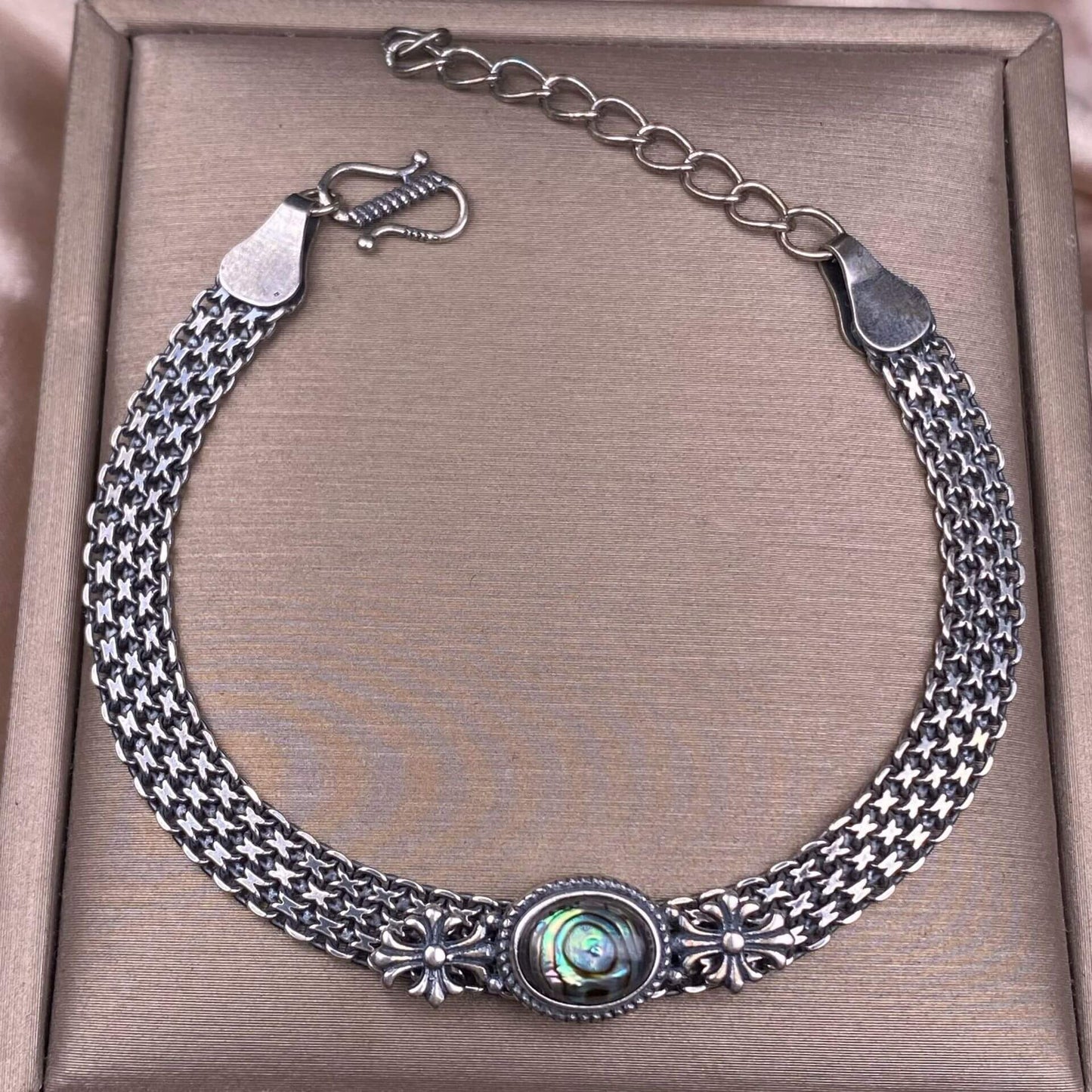 Ghost Amber Sea pattern stone, grape stone, Golden Sun, blue crystal stone, abalone shell, old wax, purple dragon crystal, black opal, golden fortune stone, yellow crystal, opal Bracelet S925 silver inlaid retro silver jewelry Wide Tank Chain