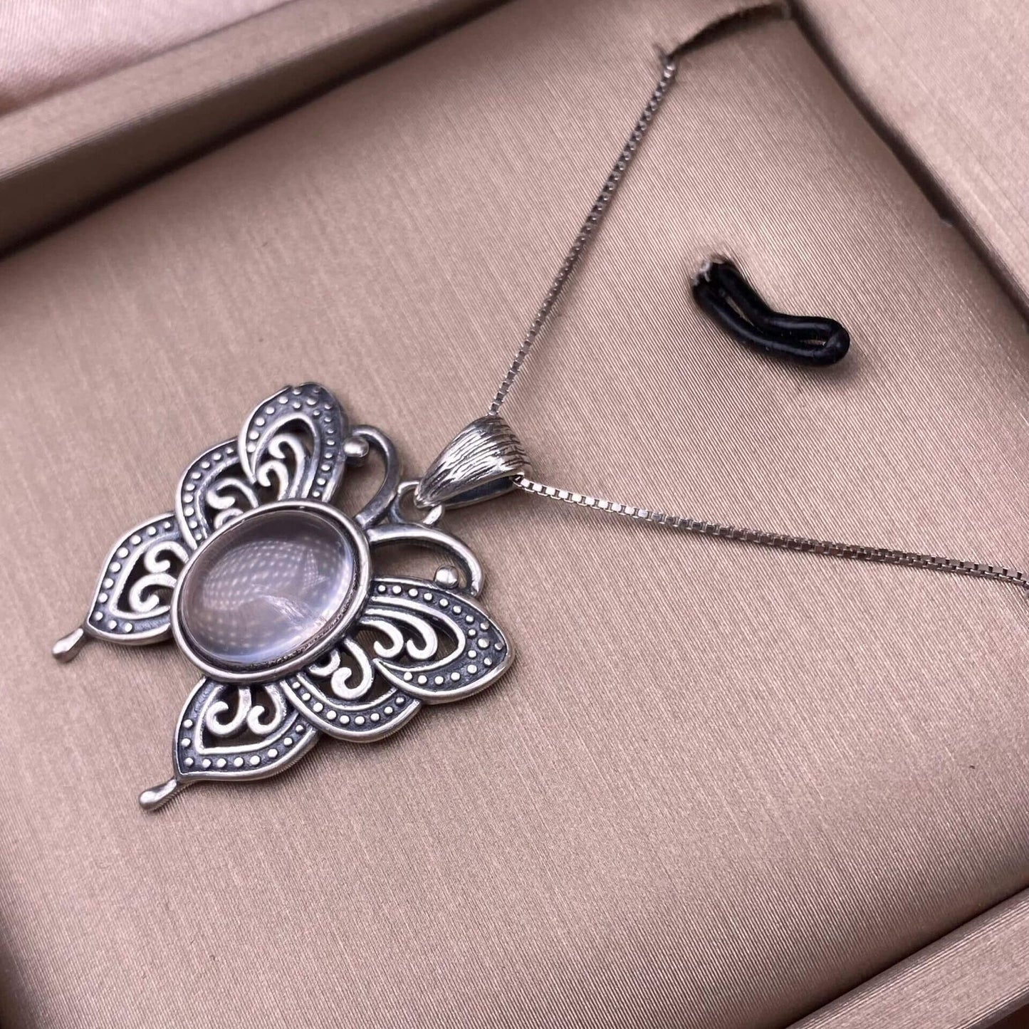 Lalima sea Pattern Stone Rose quartz, blue moonstone, aquamarine, old wax, flower amber, amethyst, turquoise, Hetian jade, grape stone pendant S925 silver inlaid retro butterfly necklace pendant