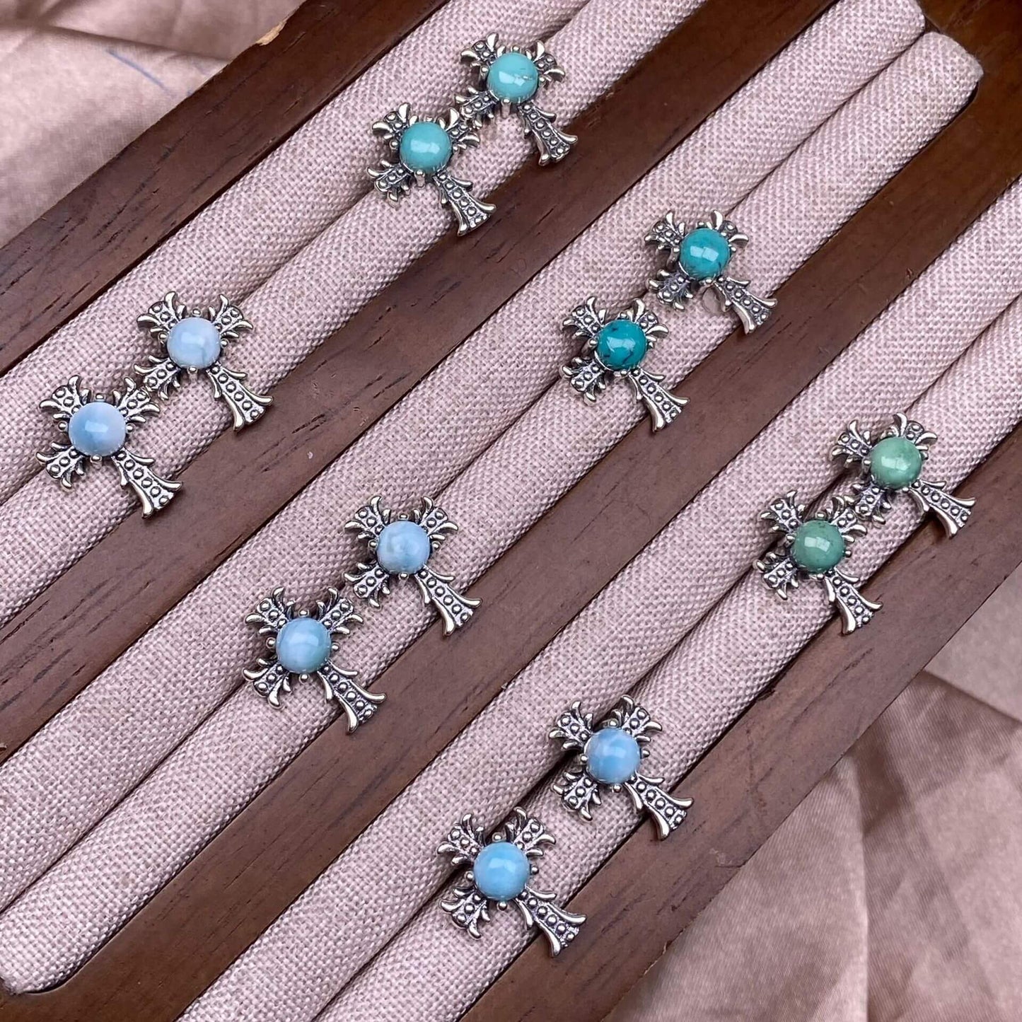 Citrine, peridot, garnet, south red, pink topaz, opal, cordierite, black opal, sea pattern stone, turquoise  cross earrings S925