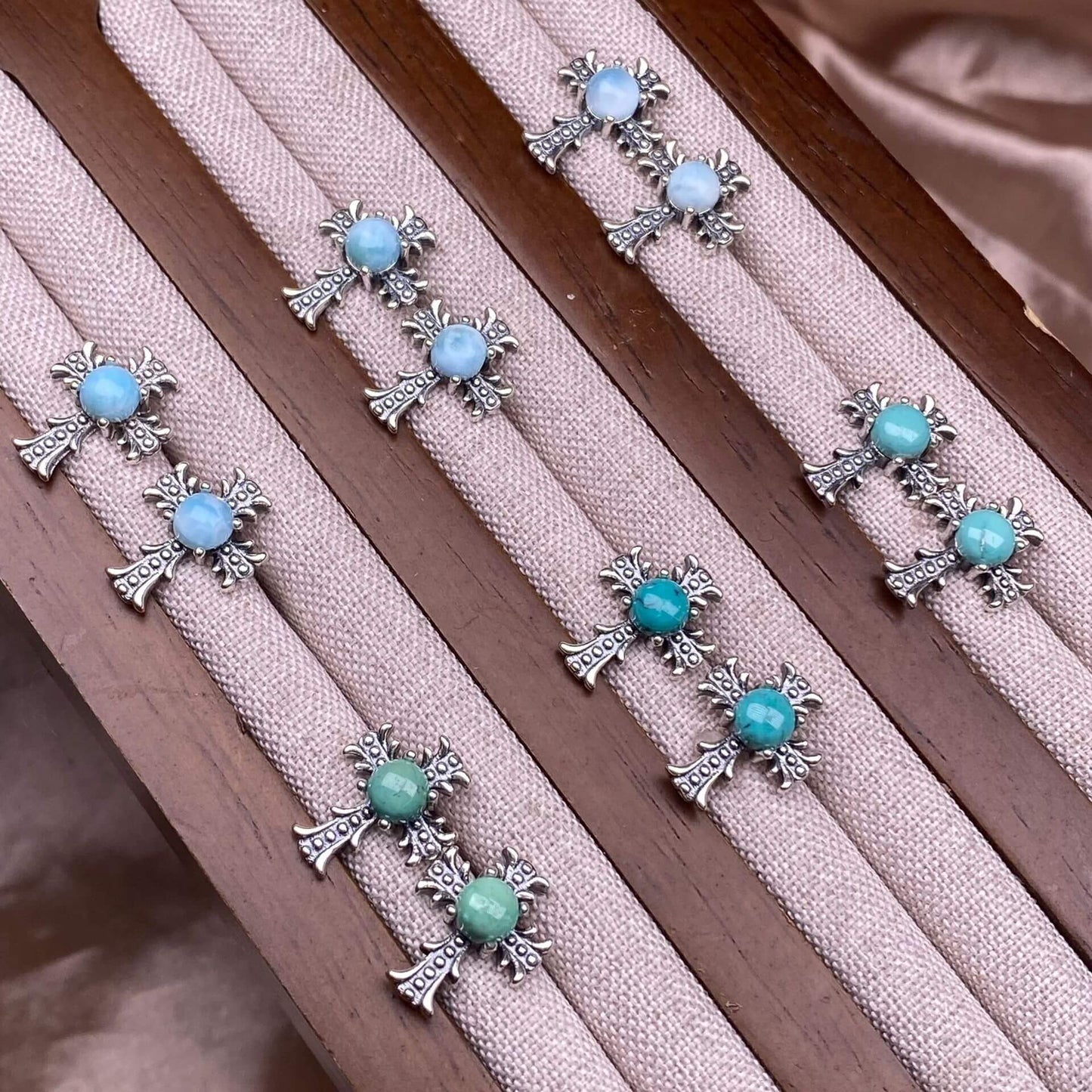 Citrine, peridot, garnet, south red, pink topaz, opal, cordierite, black opal, sea pattern stone, turquoise  cross earrings S925