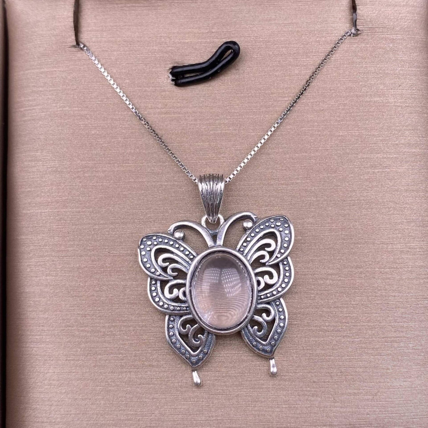 Lalima sea Pattern Stone Rose quartz, blue moonstone, aquamarine, old wax, flower amber, amethyst, turquoise, Hetian jade, grape stone pendant S925 silver inlaid retro butterfly necklace pendant