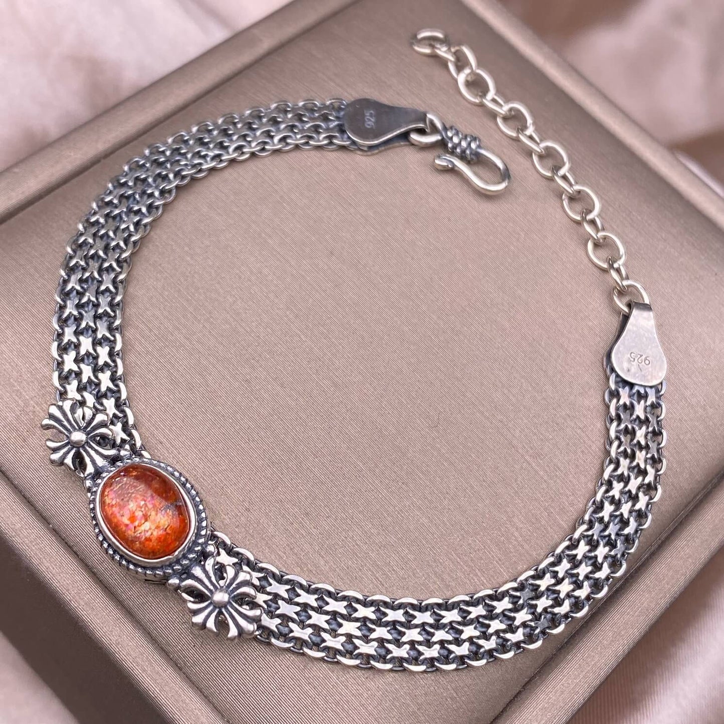 Ghost Amber Sea pattern stone, grape stone, Golden Sun, blue crystal stone, abalone shell, old wax, purple dragon crystal, black opal, golden fortune stone, yellow crystal, opal Bracelet S925 silver inlaid retro silver jewelry Wide Tank Chain