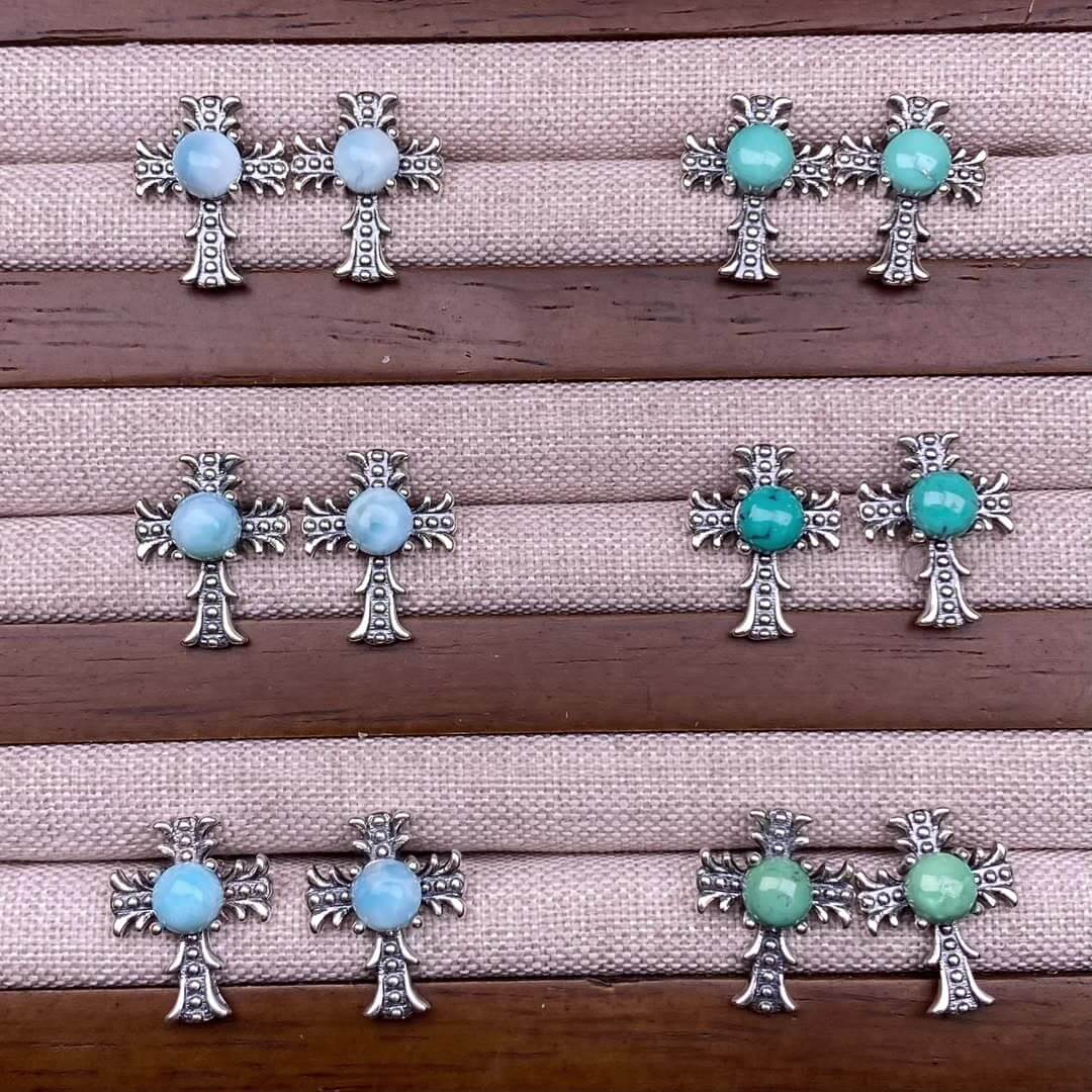 Citrine, peridot, garnet, south red, pink topaz, opal, cordierite, black opal, sea pattern stone, turquoise  cross earrings S925