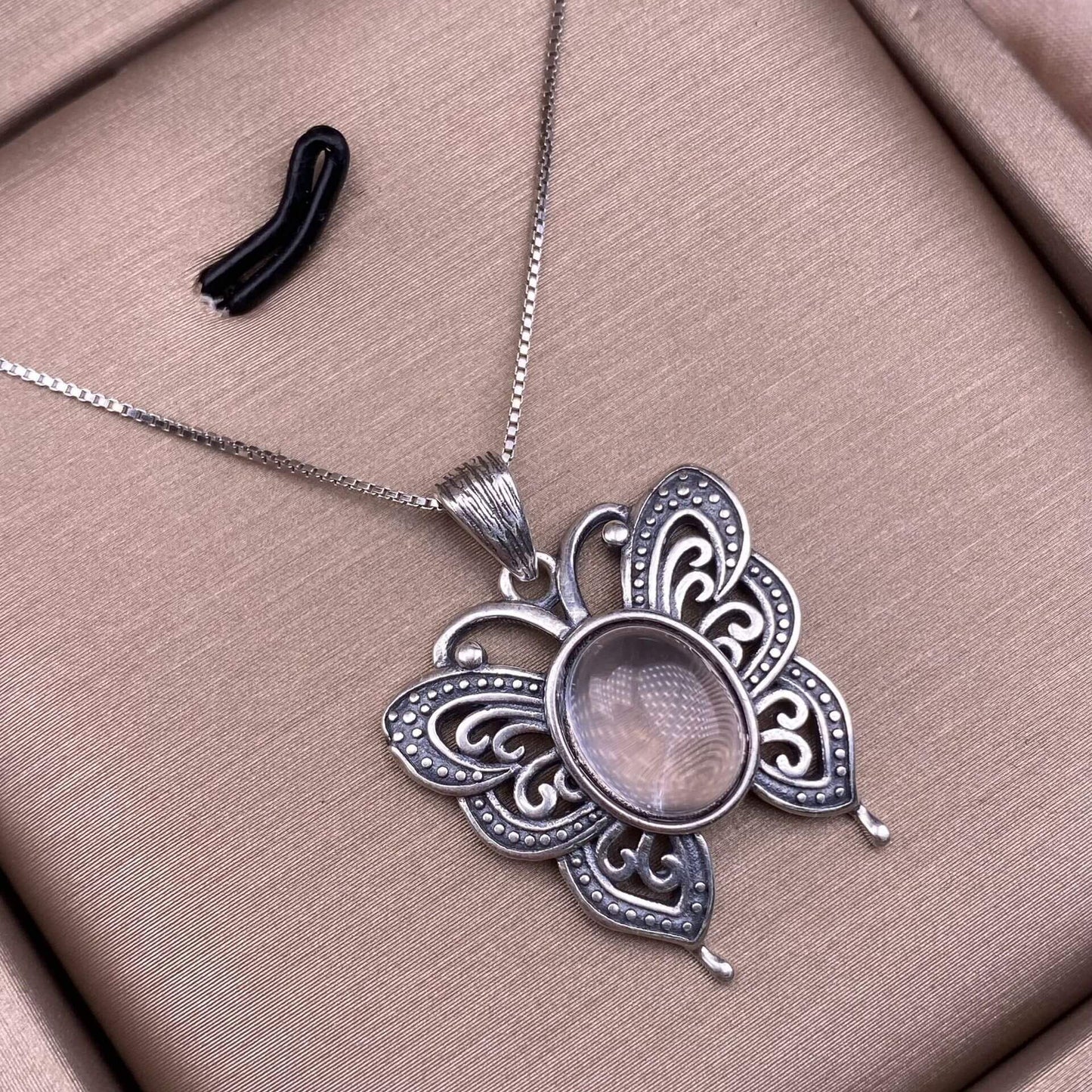Lalima sea Pattern Stone Rose quartz, blue moonstone, aquamarine, old wax, flower amber, amethyst, turquoise, Hetian jade, grape stone pendant S925 silver inlaid retro butterfly necklace pendant