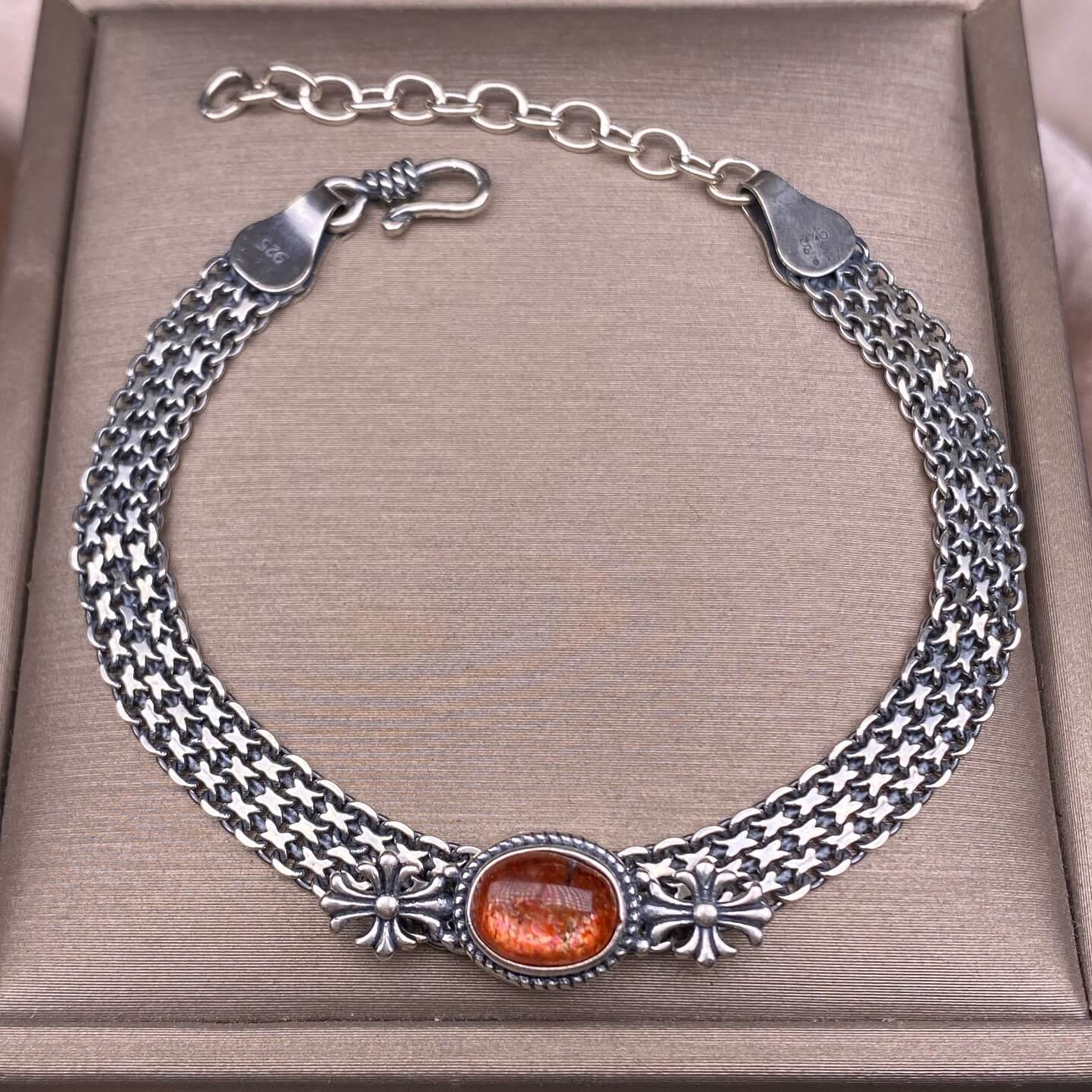 Ghost Amber Sea pattern stone, grape stone, Golden Sun, blue crystal stone, abalone shell, old wax, purple dragon crystal, black opal, golden fortune stone, yellow crystal, opal Bracelet S925 silver inlaid retro silver jewelry Wide Tank Chain