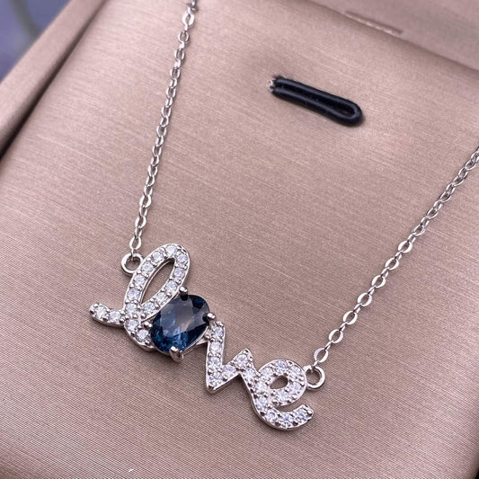 Silver necklace with 'love' pendant featuring a blue gemstone Blue topa, golden stone, turquoise S925 necklace, silver inlaid with full diamonds, exquisite light luxury evening wear chain fashionable office lady
