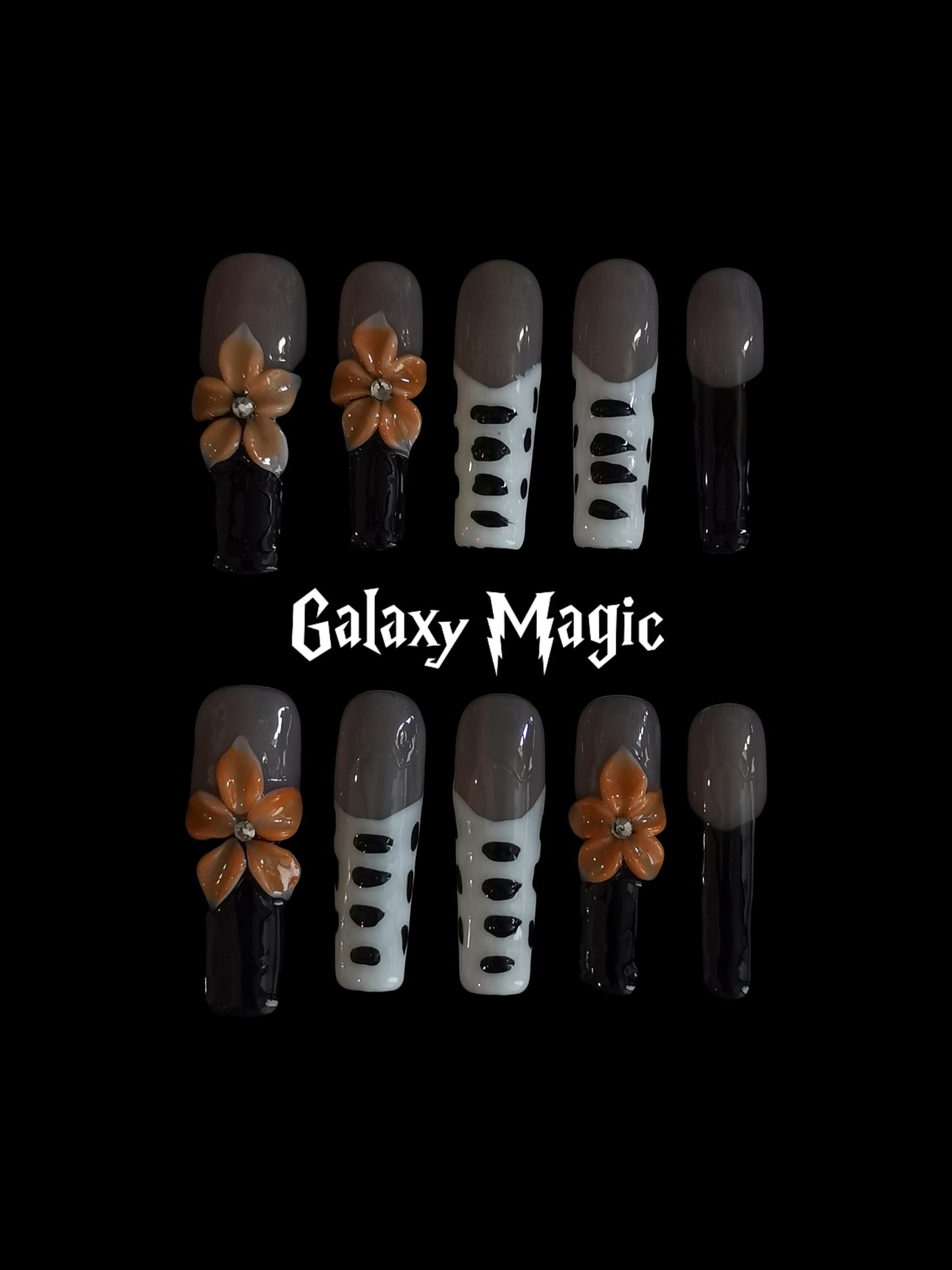 Handmade Nail art  black and white press on nails with 3d flower gel glue coffin stiletto square shaped 1