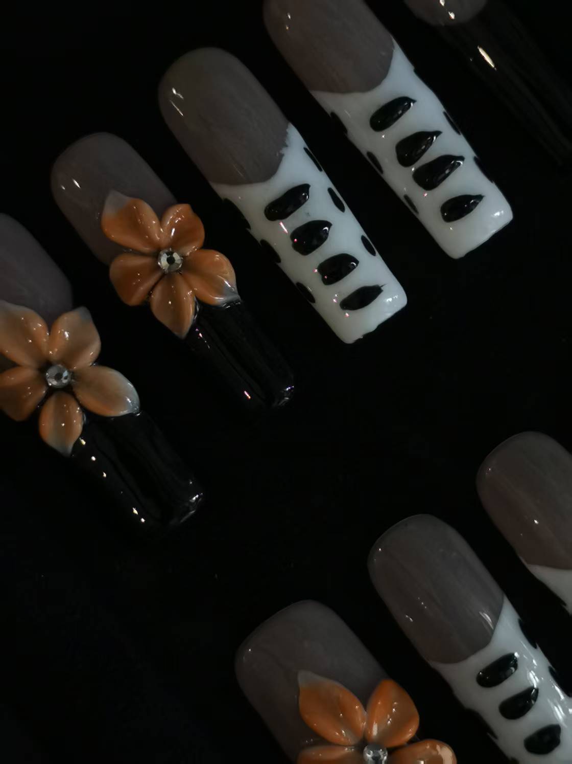 Handmade Nail art  black and white press on nails with 3d flower gel glue coffin stiletto square shaped 3