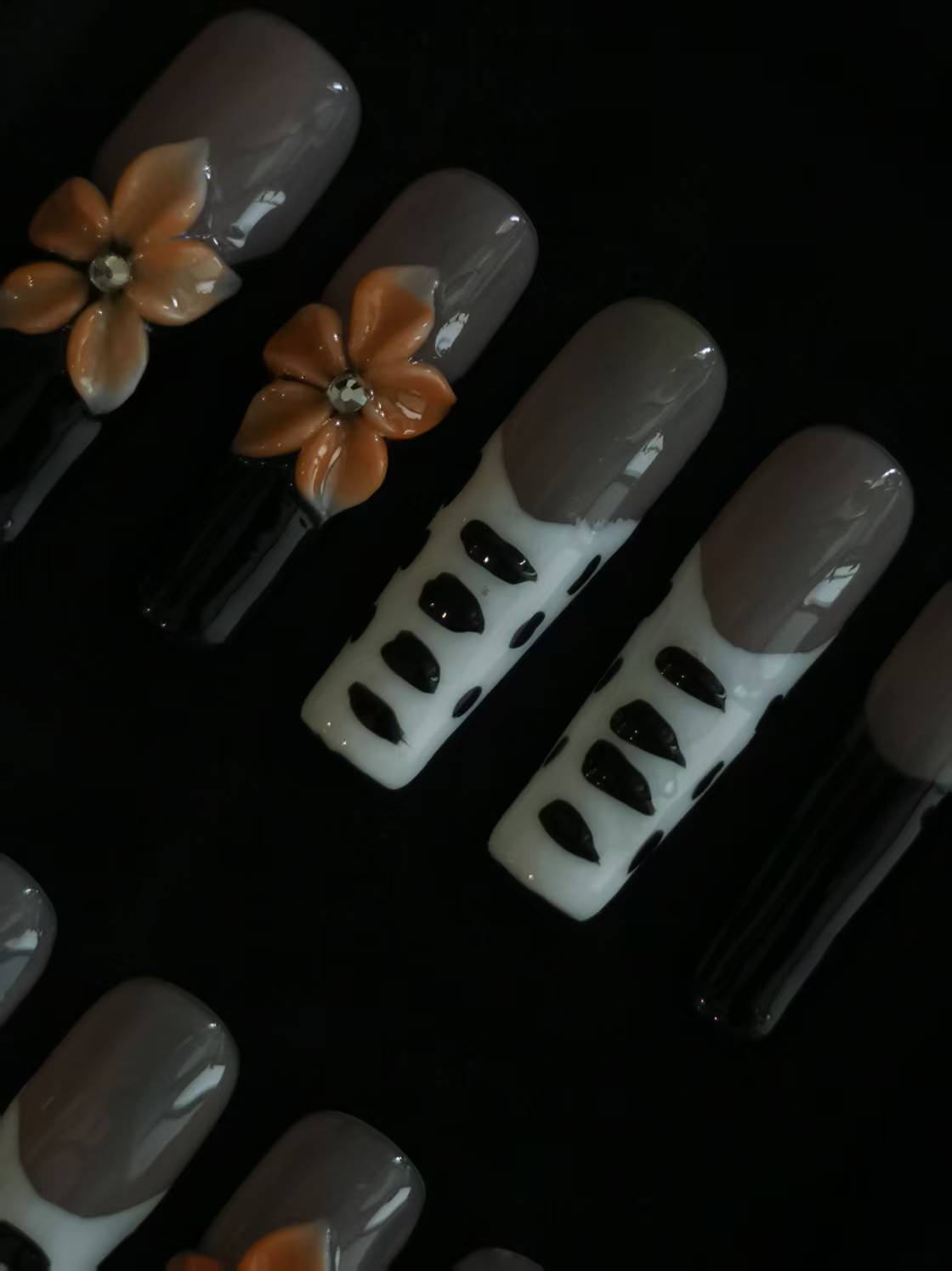 Handmade Nail art  black and white press on nails with 3d flower gel glue coffin stiletto square shaped 4