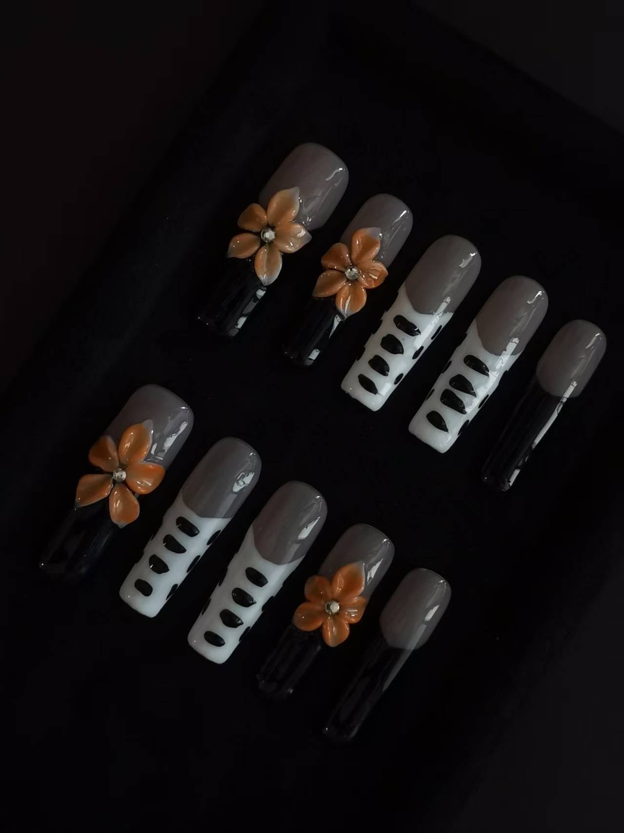 Handmade Nail art  black and white press on nails with 3d flower gel glue coffin stiletto square shaped 5