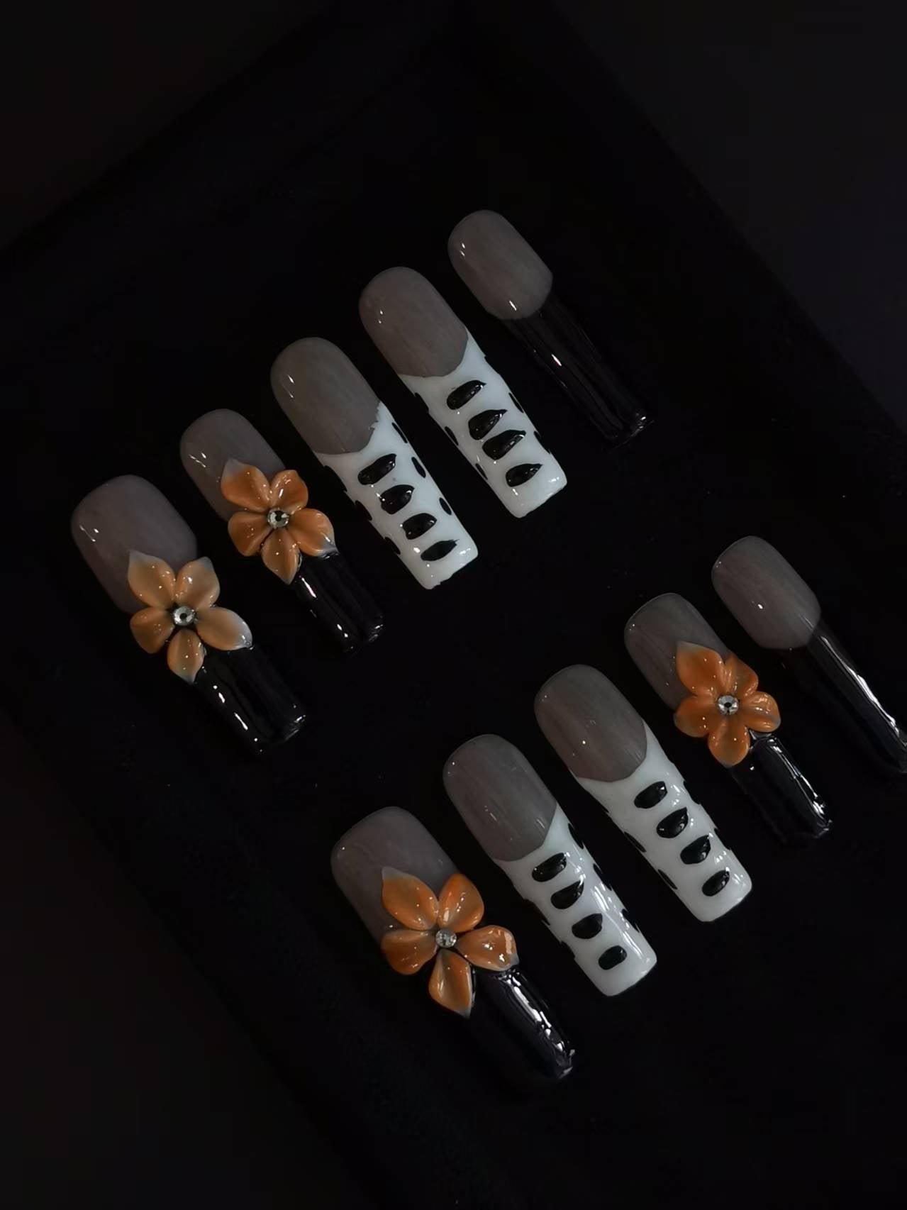 Handmade Nail art  black and white press on nails with 3d flower gel glue coffin stiletto square shaped 6