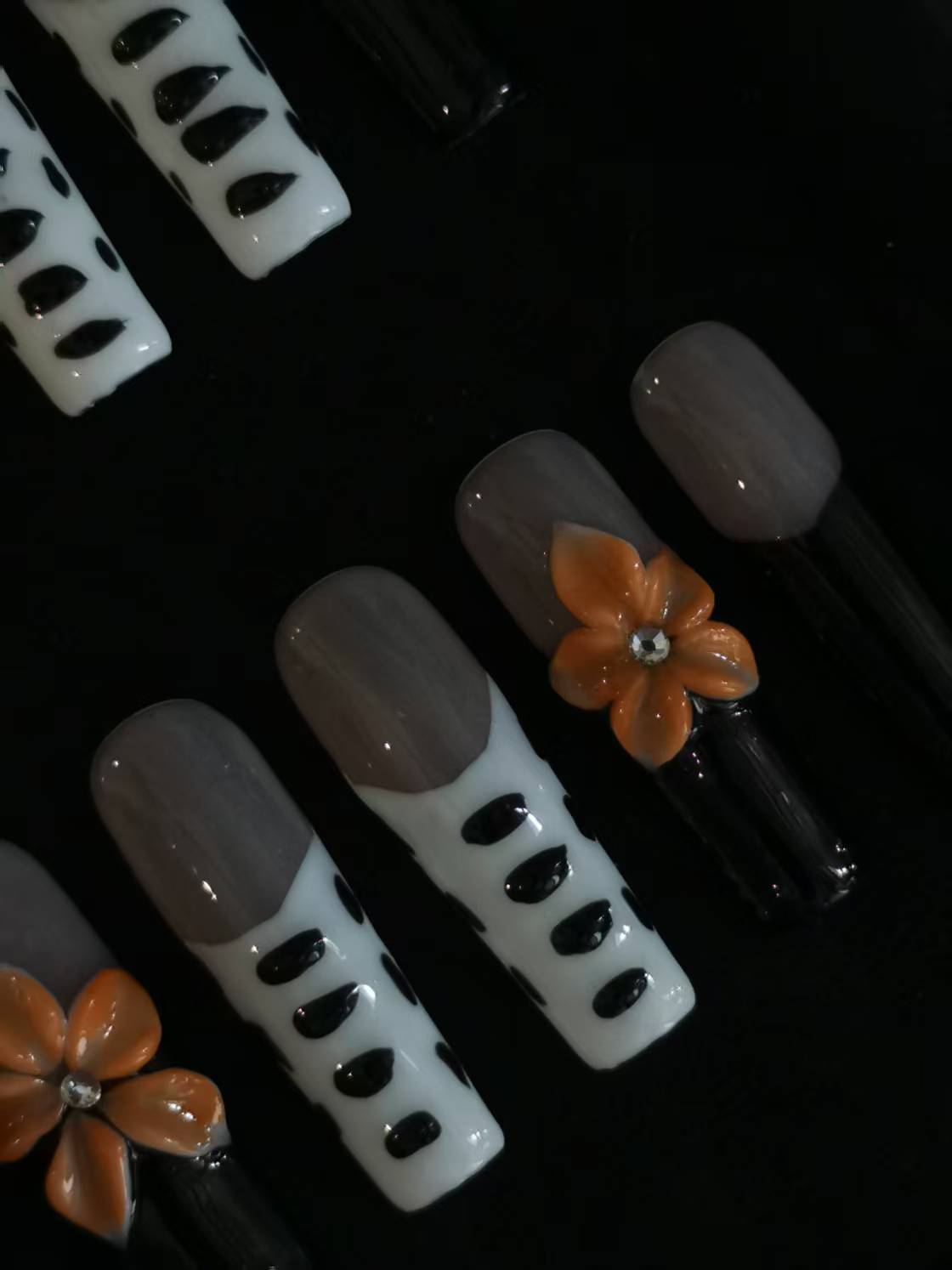 Handmade Nail art  black and white press on nails with 3d flower gel glue coffin stiletto square shaped 7