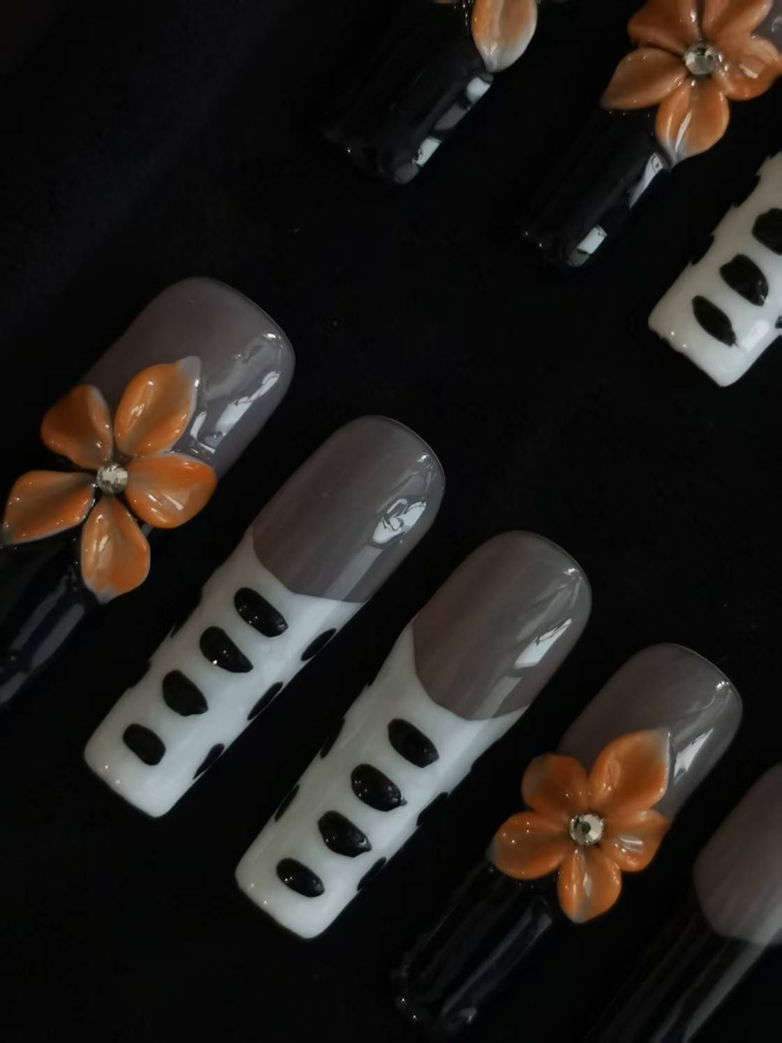Handmade Nail art  black and white press on nails with 3d flower gel glue coffin stiletto square shaped 8
