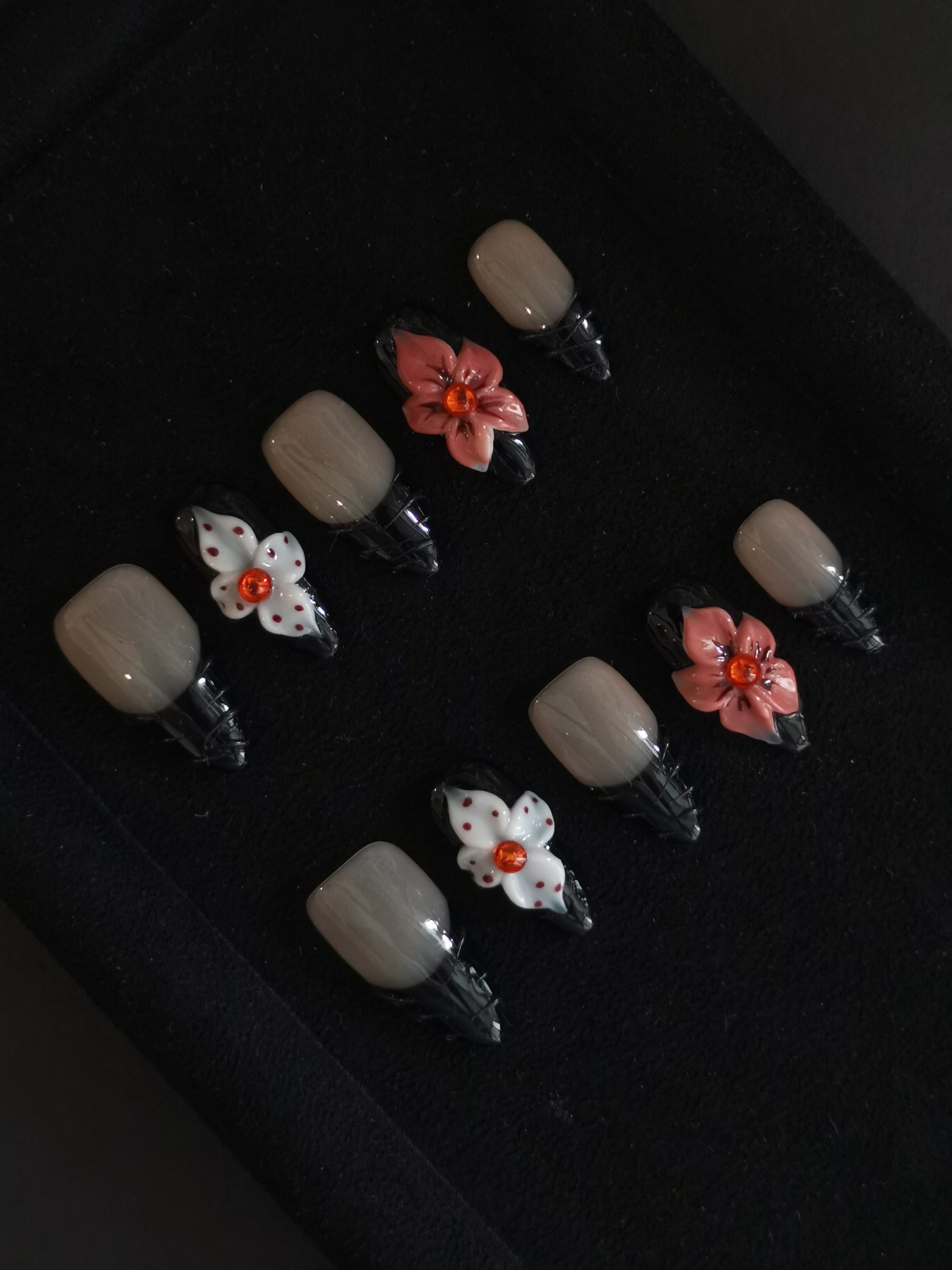  Handmade Nail art designs black almond press on nails with 3d flower via gel glue 2