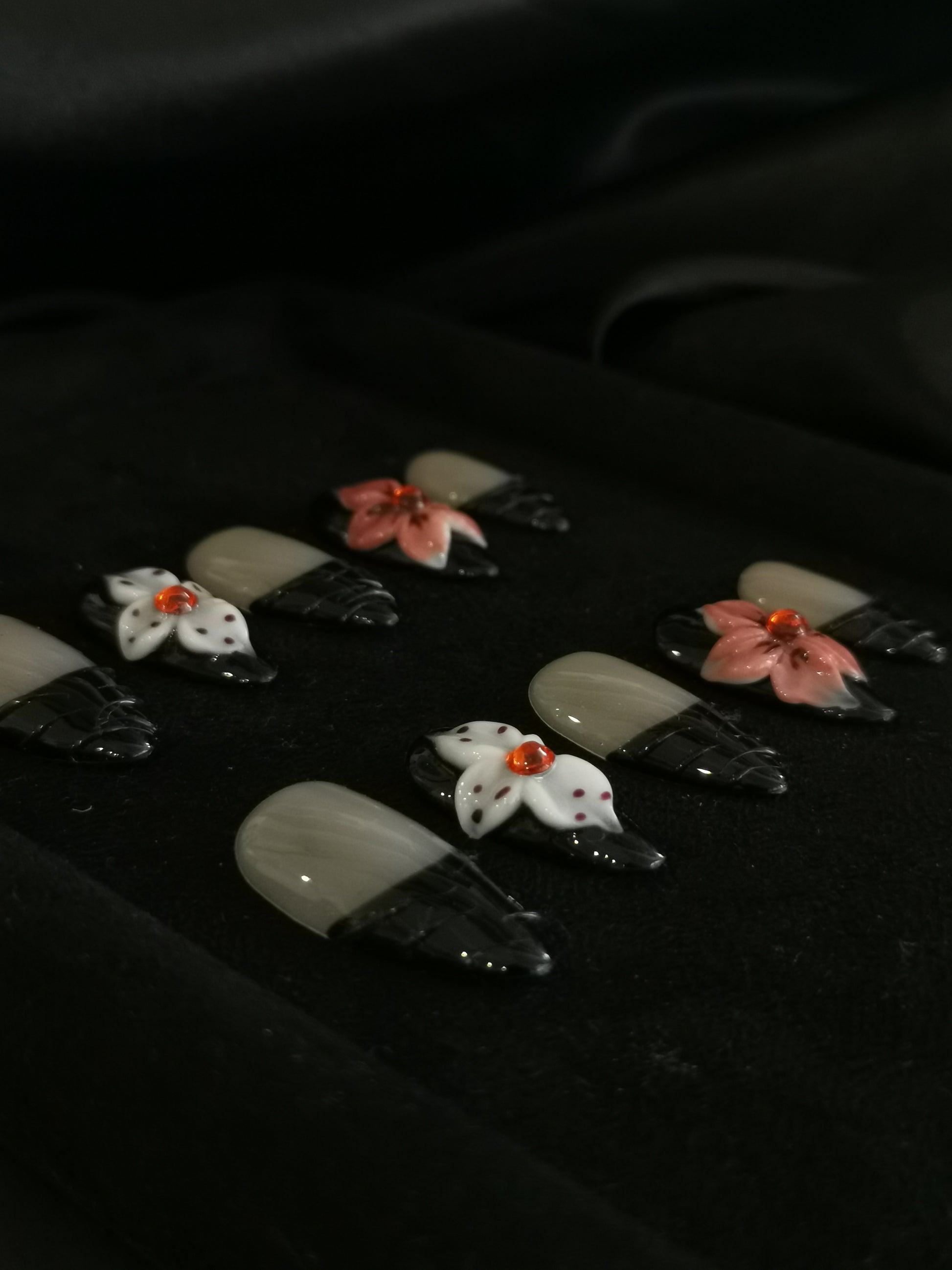  Handmade Nail art designs black almond press on nails with 3d flower via gel glue 4