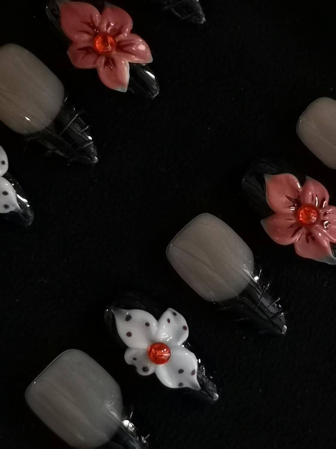  Handmade Nail art designs black almond press on nails with 3d flower via gel glue 5
