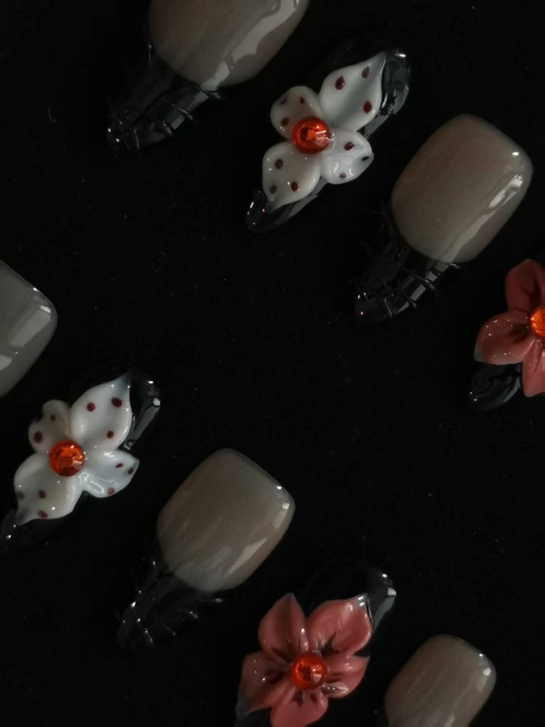  Handmade Nail art designs black almond press on nails with 3d flower via gel glue 6