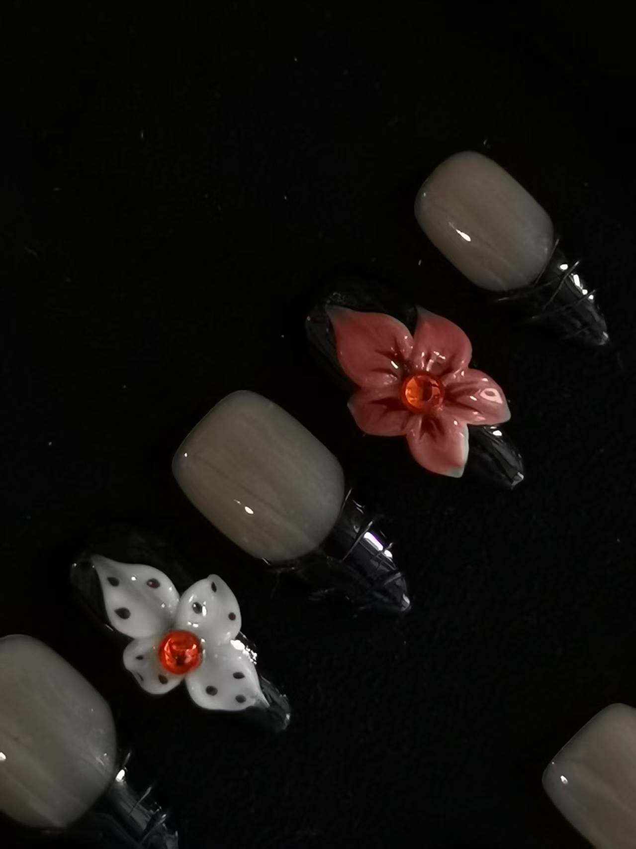  Handmade Nail art designs black almond press on nails with 3d flower via gel glue 7