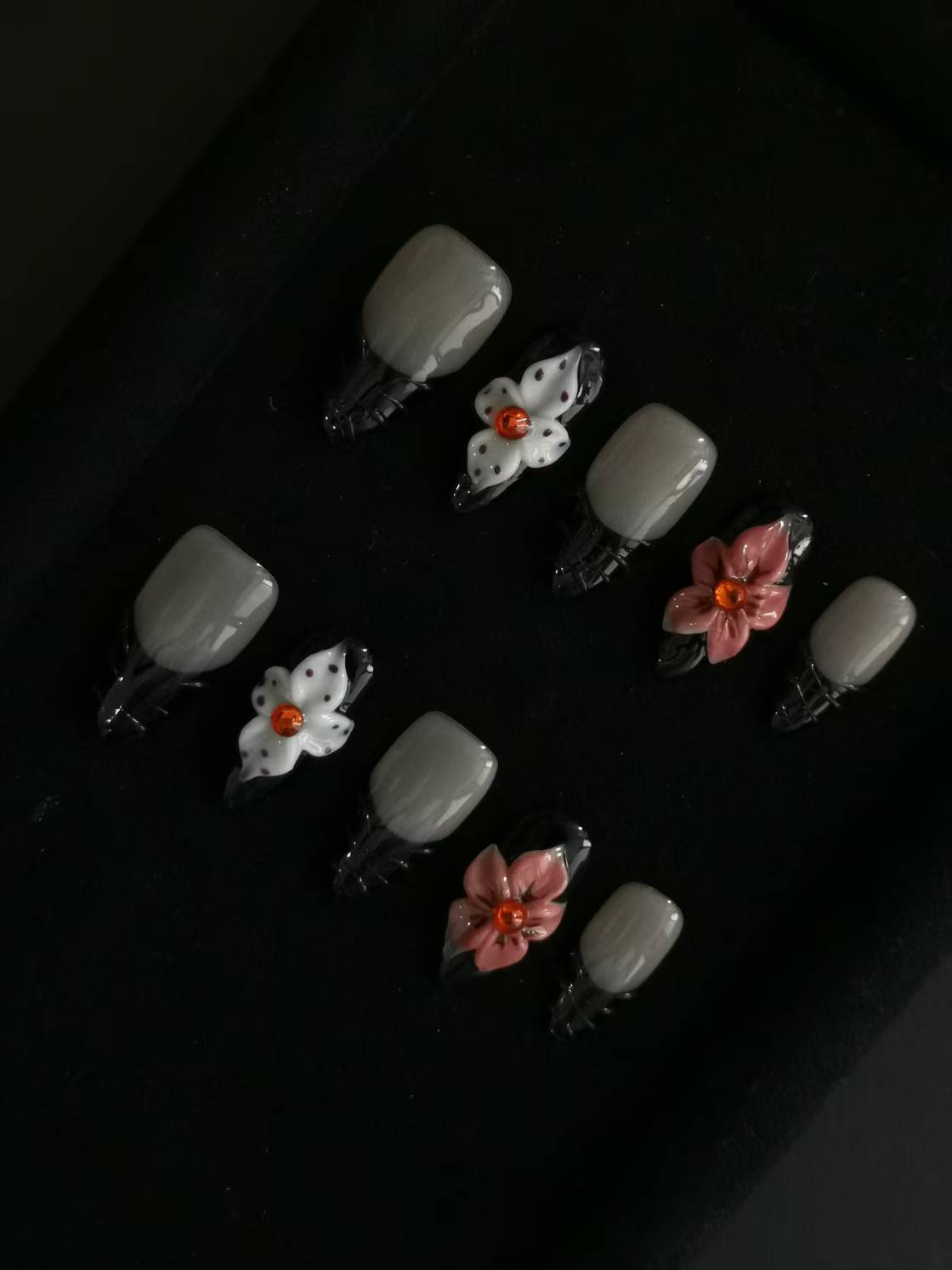 Handmade Nail art designs black almond press on nails with 3d flower via gel glue 8