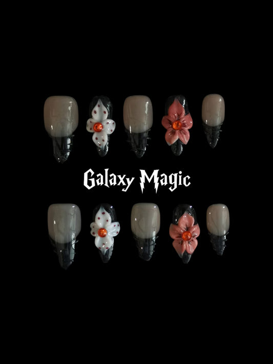  Handmade Nail art designs black almond press on nails with 3d flower via gel glue 1