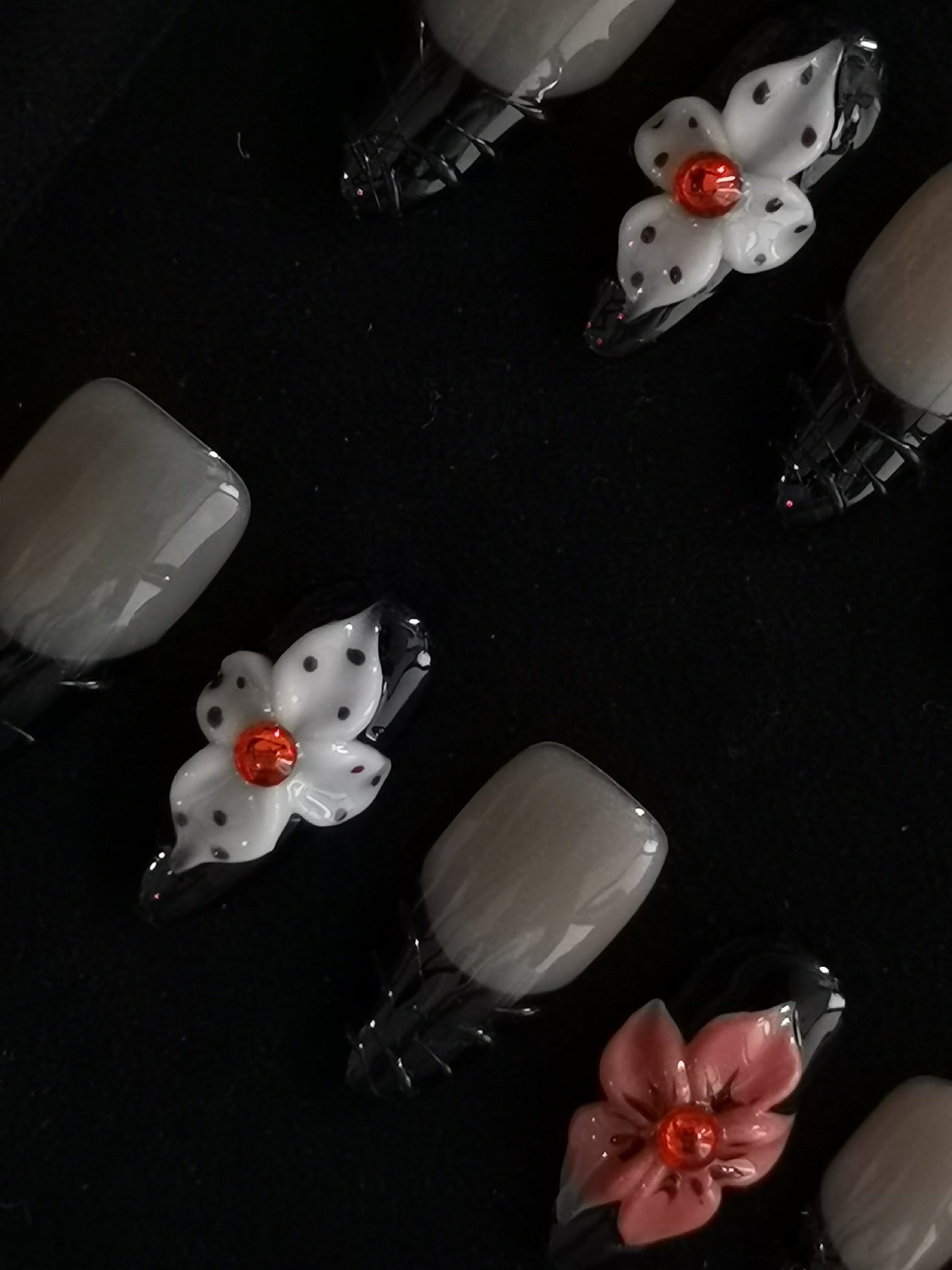  Handmade Nail art designs black almond press on nails with 3d flower via gel glue 3