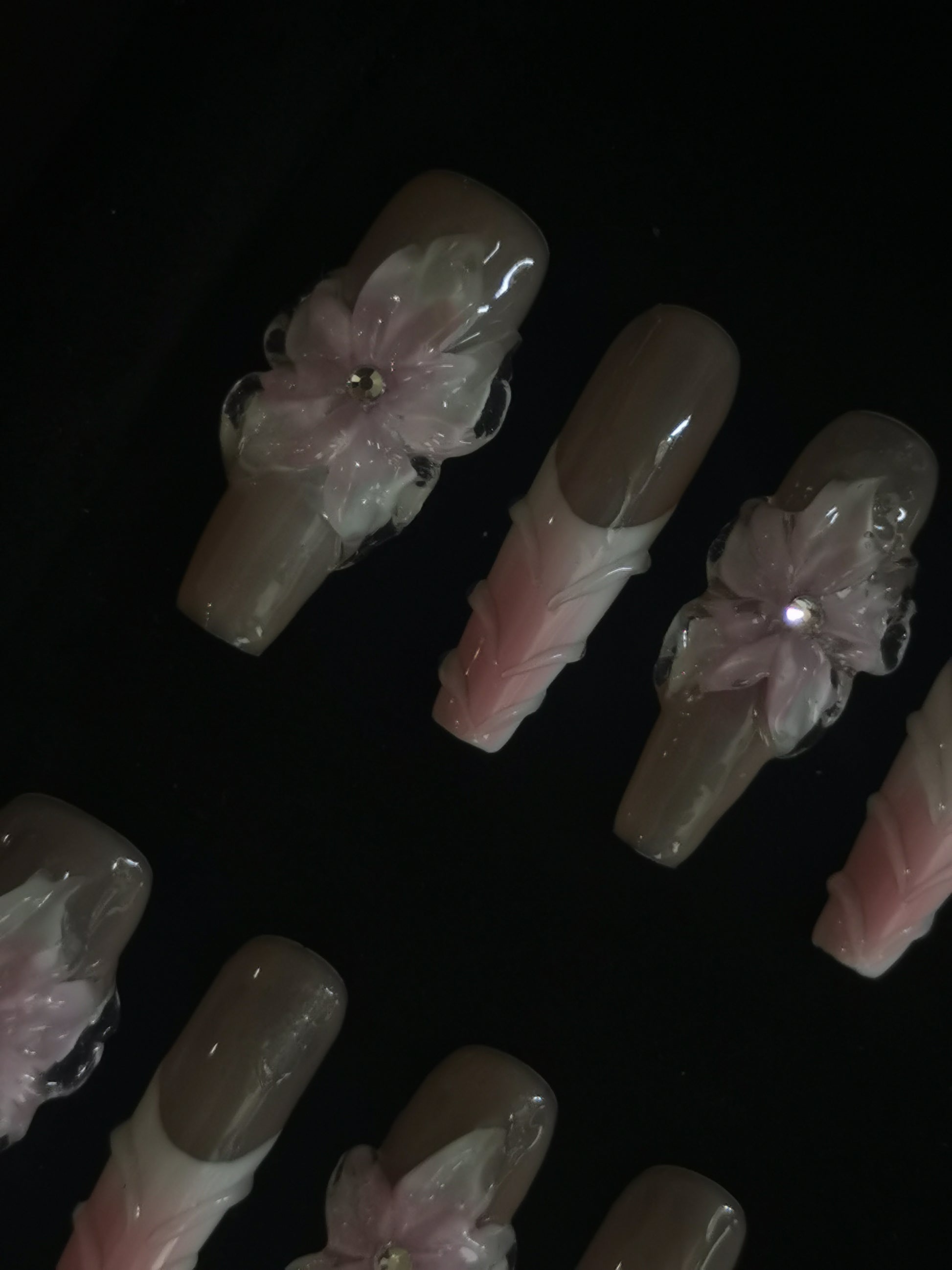  Handmade Nail art designs pink press on nails with 3d flower gel glue coffin stiletto square7