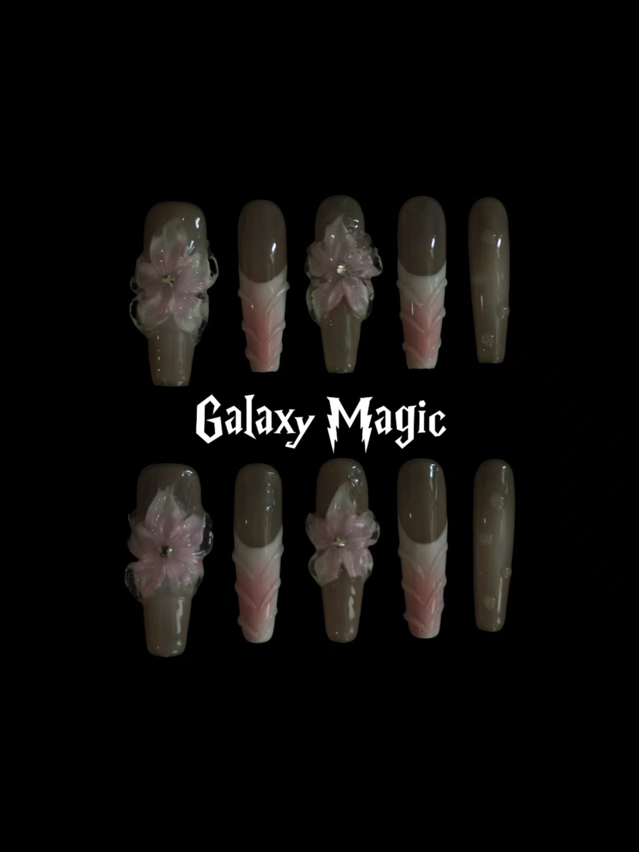  Handmade Nail art designs pink press on nails with 3d flower gel glue coffin stiletto square