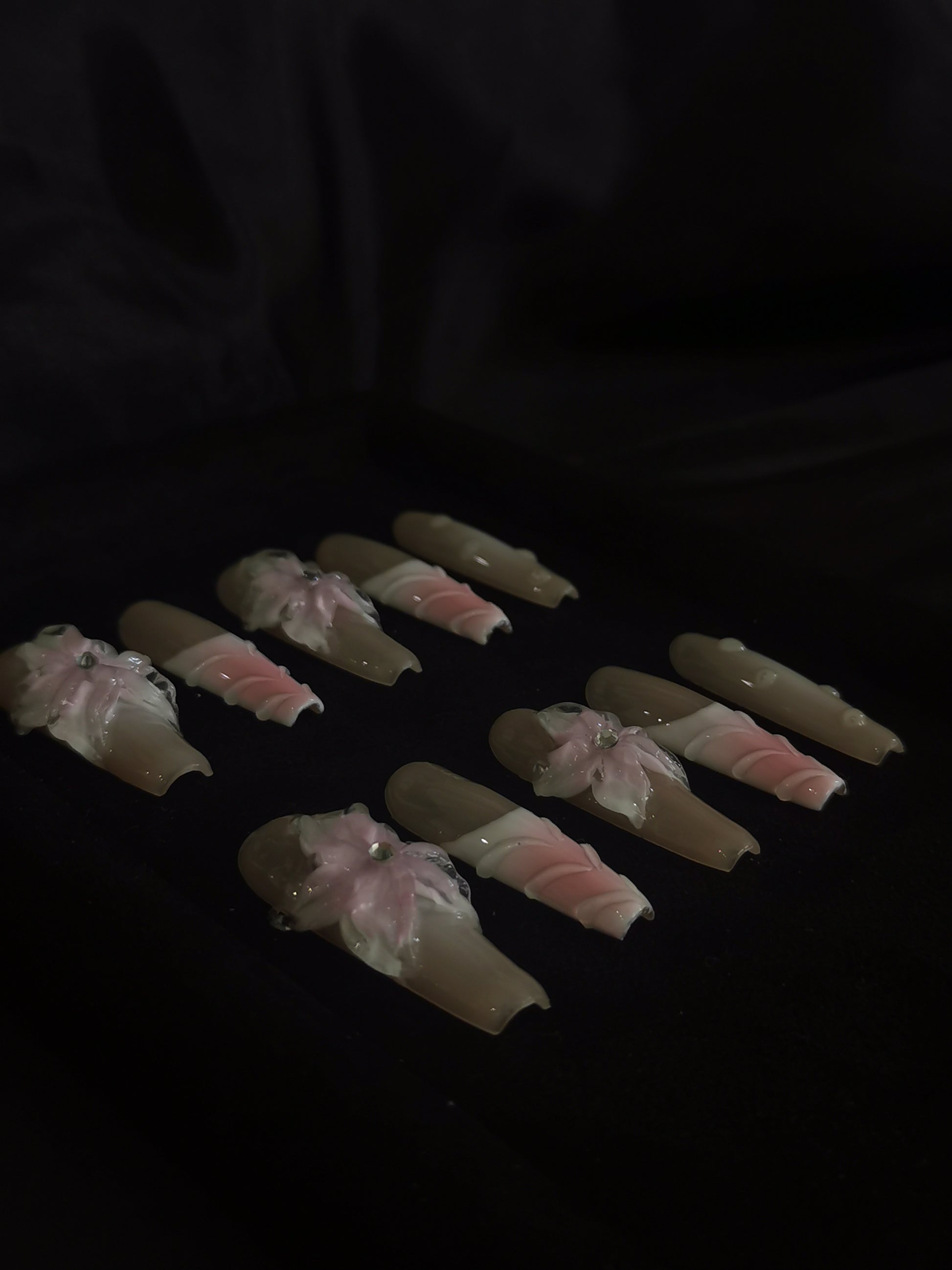  Handmade Nail art designs pink press on nails with 3d flower gel glue coffin stiletto square2