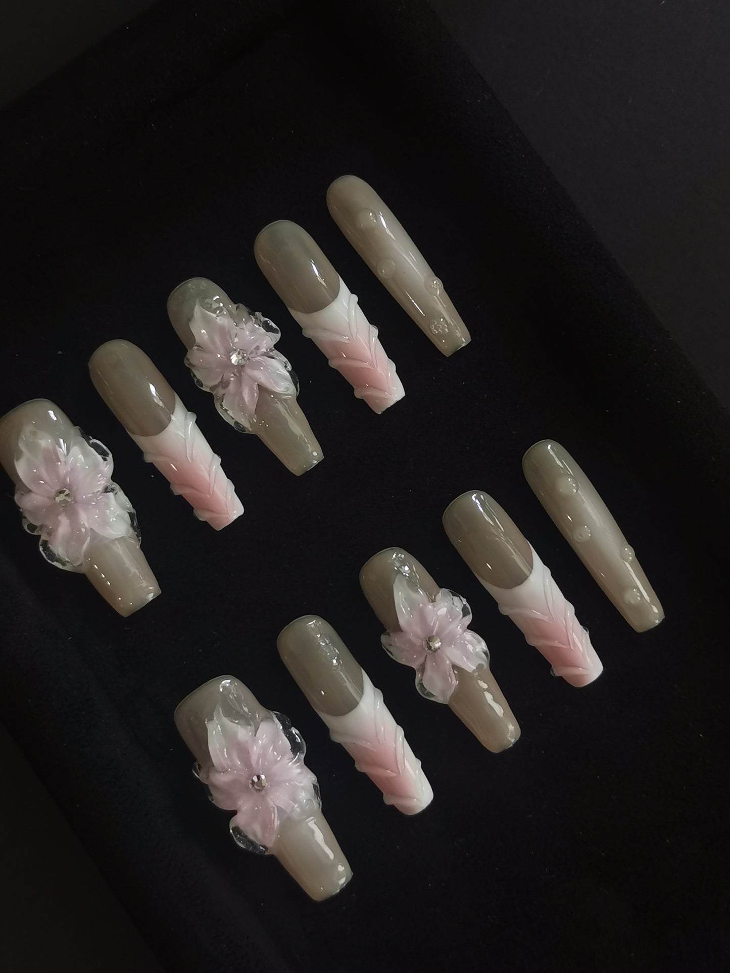  Handmade Nail art designs pink press on nails with 3d flower gel glue coffin stiletto square3