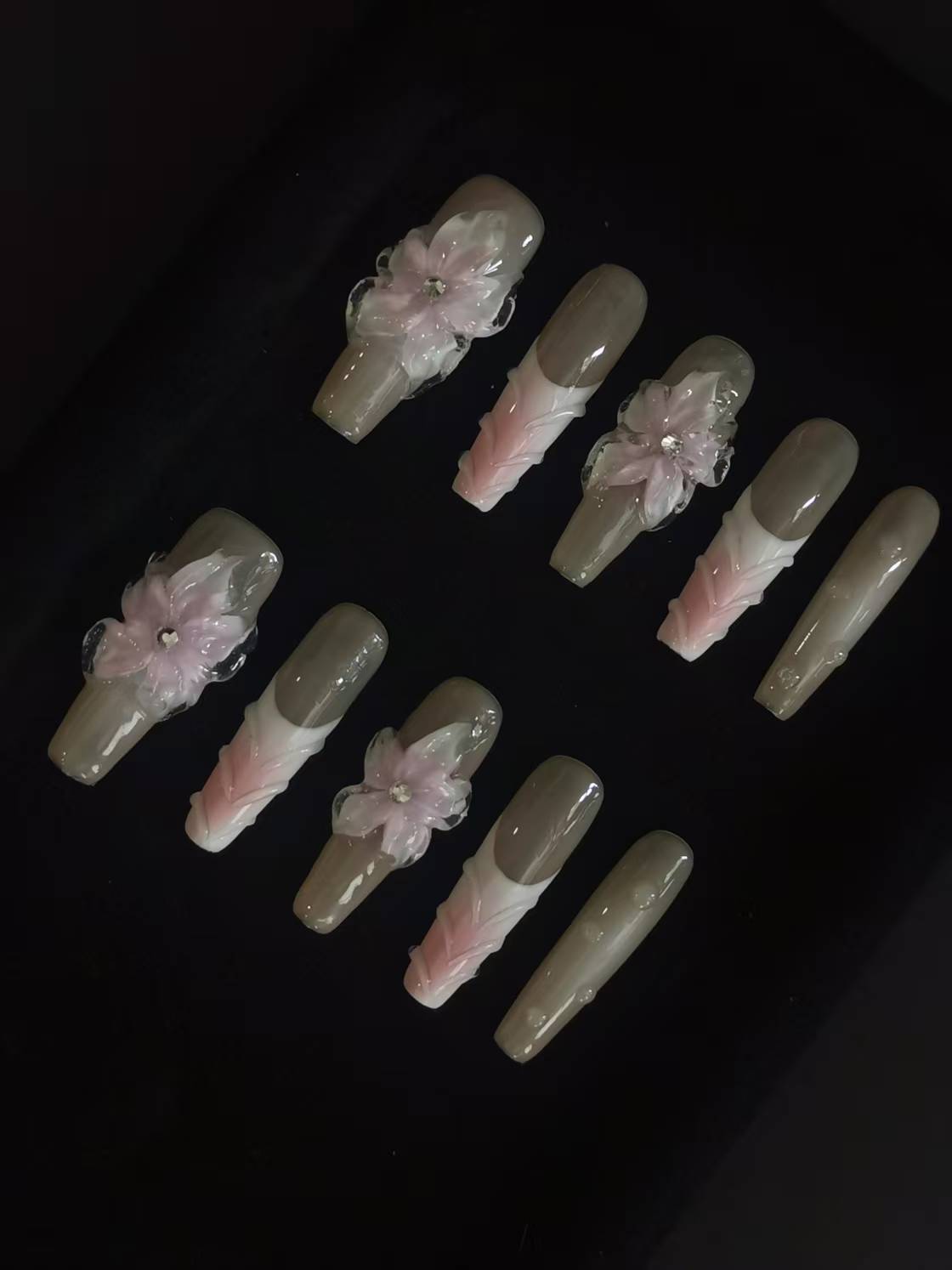 Handmade Nail art designs pink press on nails with 3d flower gel glue coffin stiletto square4