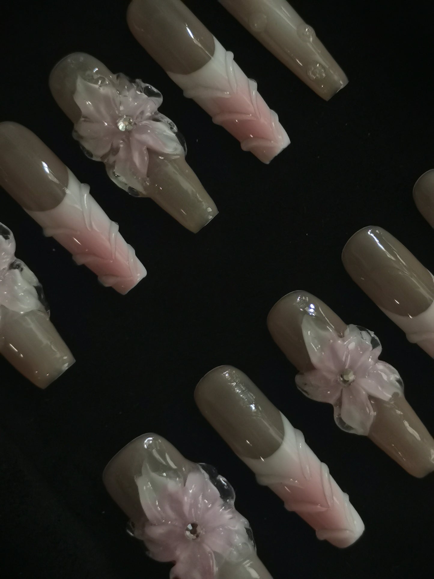  Handmade Nail art designs pink press on nails with 3d flower gel glue coffin stiletto square5
