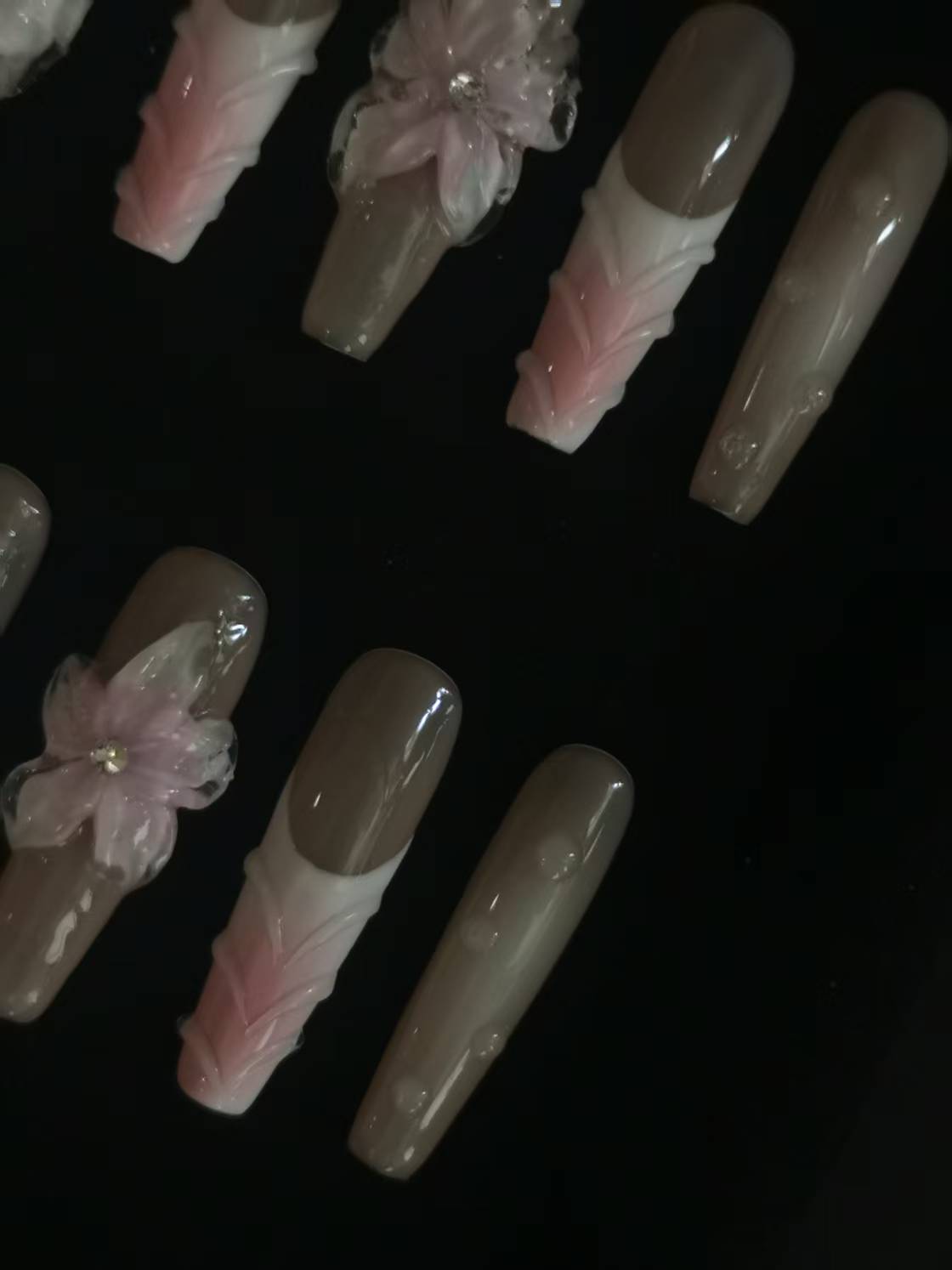  Handmade Nail art designs pink press on nails with 3d flower gel glue coffin stiletto square6