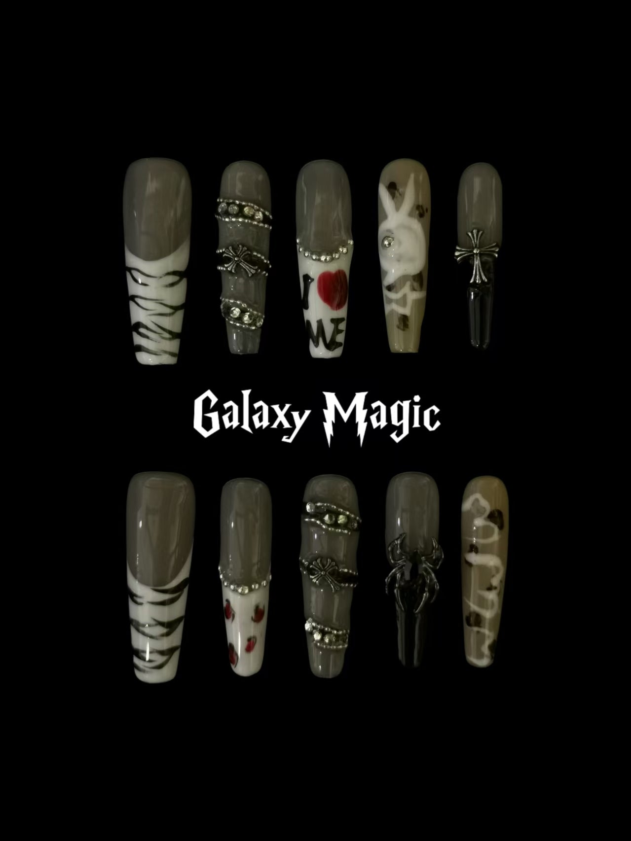 Handmade Nail art designs press on nails with 3d flower gel glue coffin stiletto square belt  design animal print crome decor