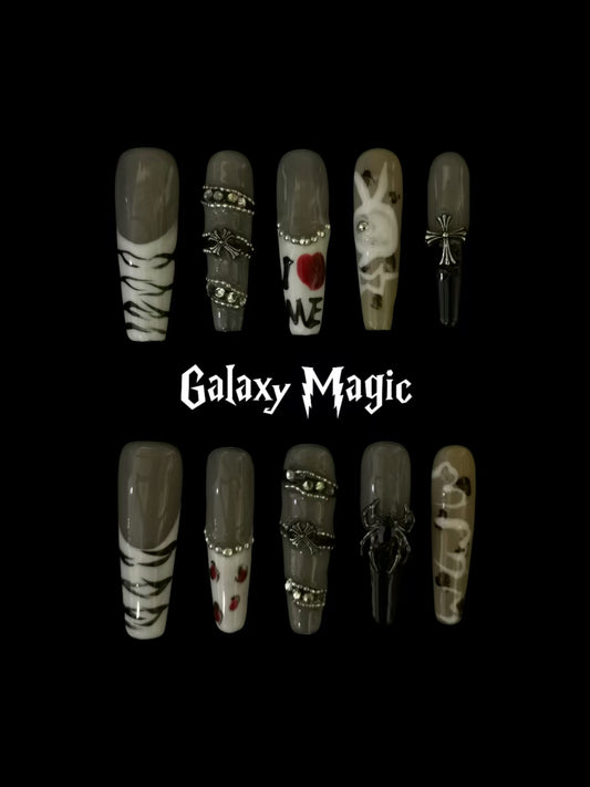 Handmade Nail art designs press on nails with 3d flower gel glue coffin stiletto square belt  design animal print crome decor