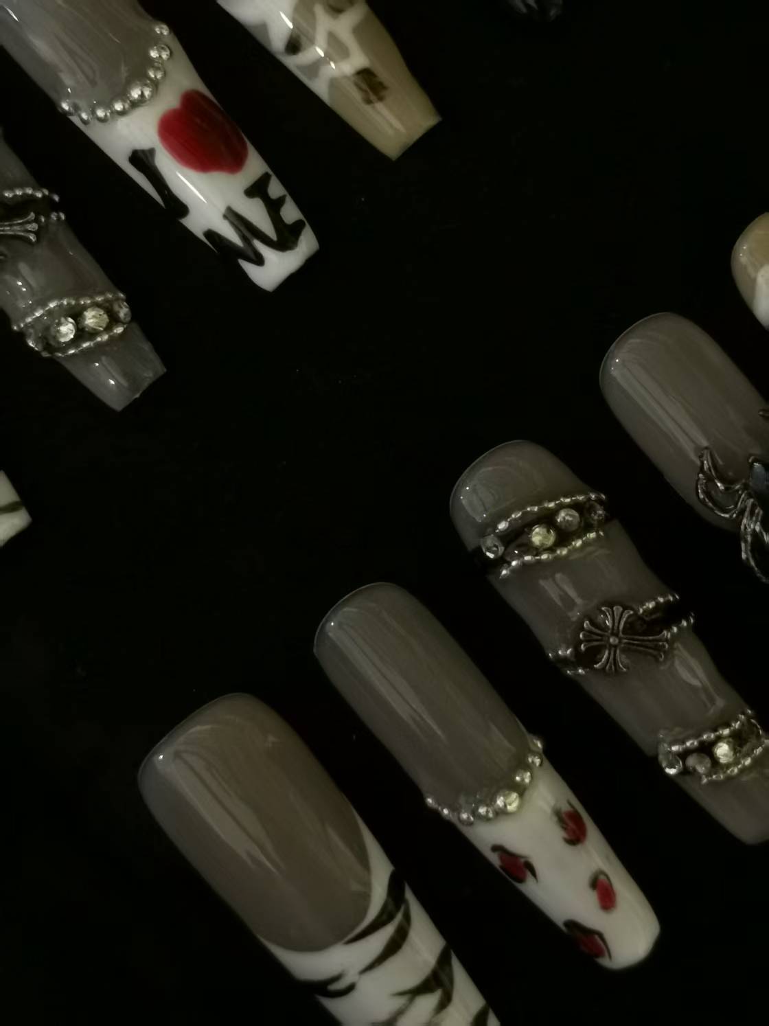 Handmade Nail art designs press on nails with 3d flower gel glue coffin stiletto square belt  design animal print crome decor