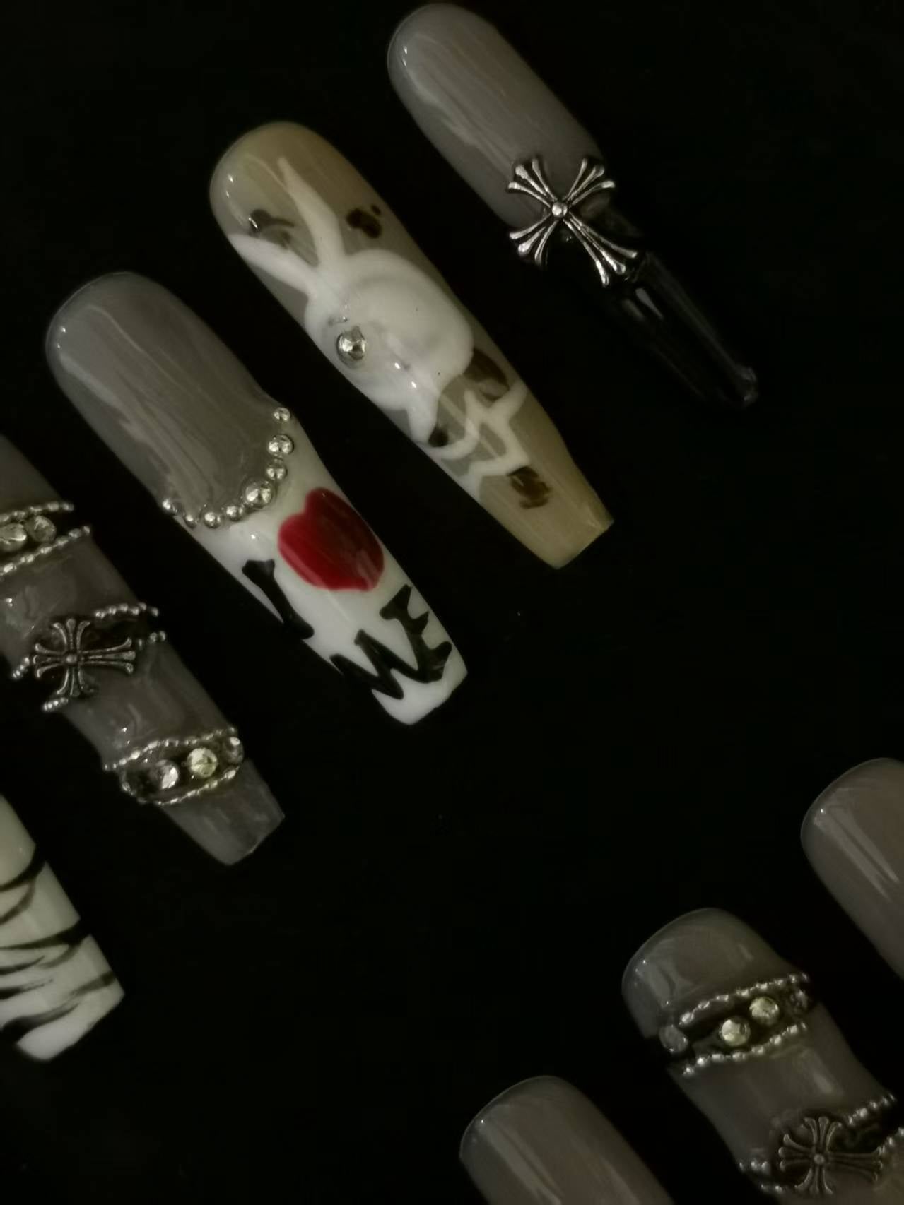 Handmade Nail art designs press on nails with 3d flower gel glue coffin stiletto square belt  design animal print crome decor