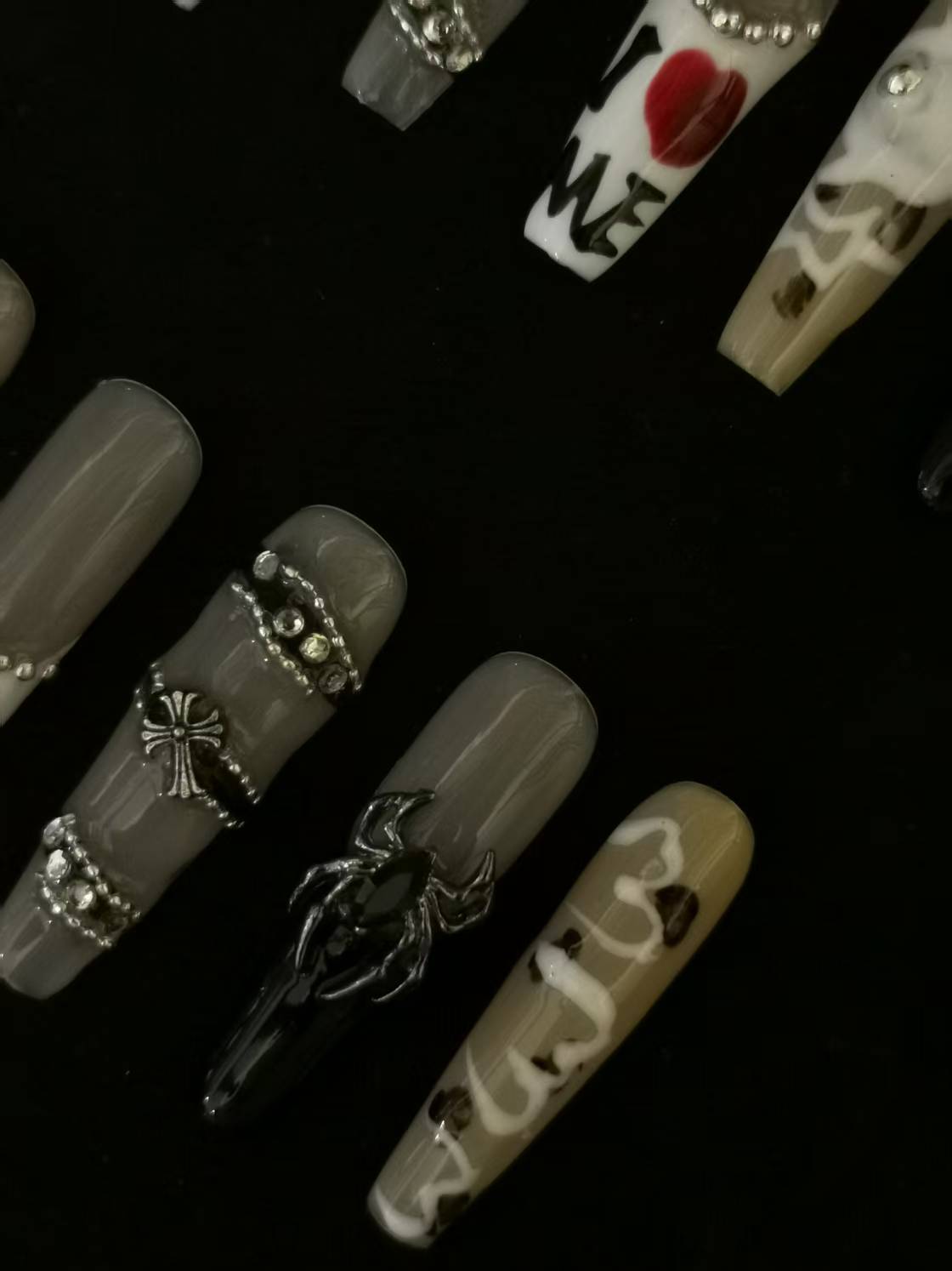 Handmade Nail art designs press on nails with 3d flower gel glue coffin stiletto square belt  design animal print crome decor