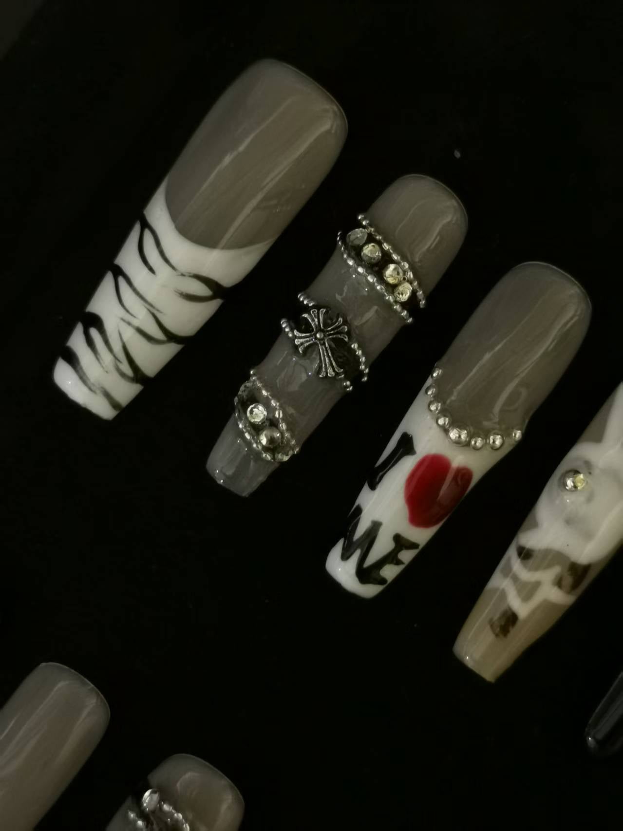 Handmade Nail art designs press on nails with 3d flower gel glue coffin stiletto square belt  design animal print crome decor