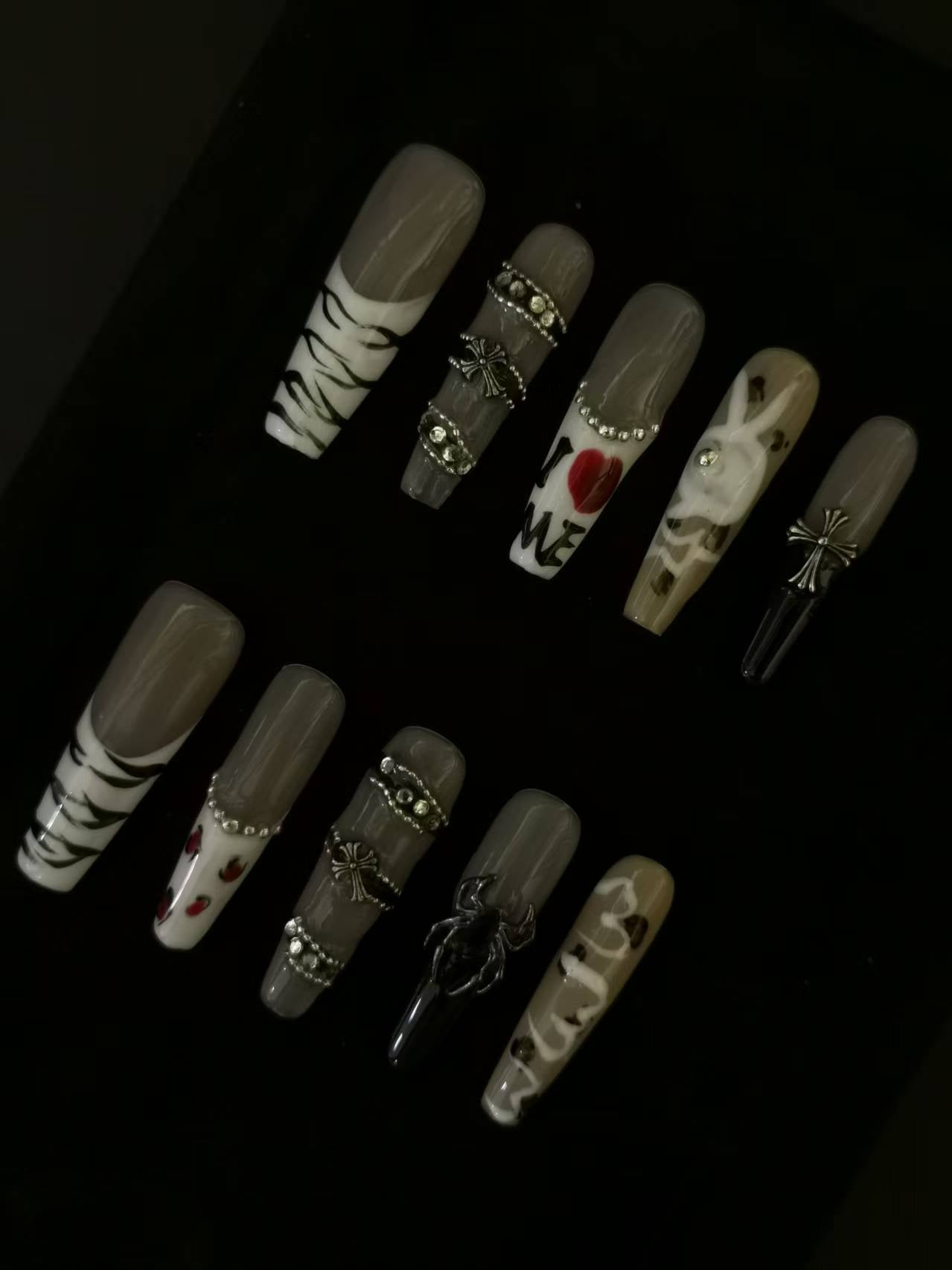 Handmade Nail art designs press on nails with 3d flower gel glue coffin stiletto square belt  design animal print crome decor