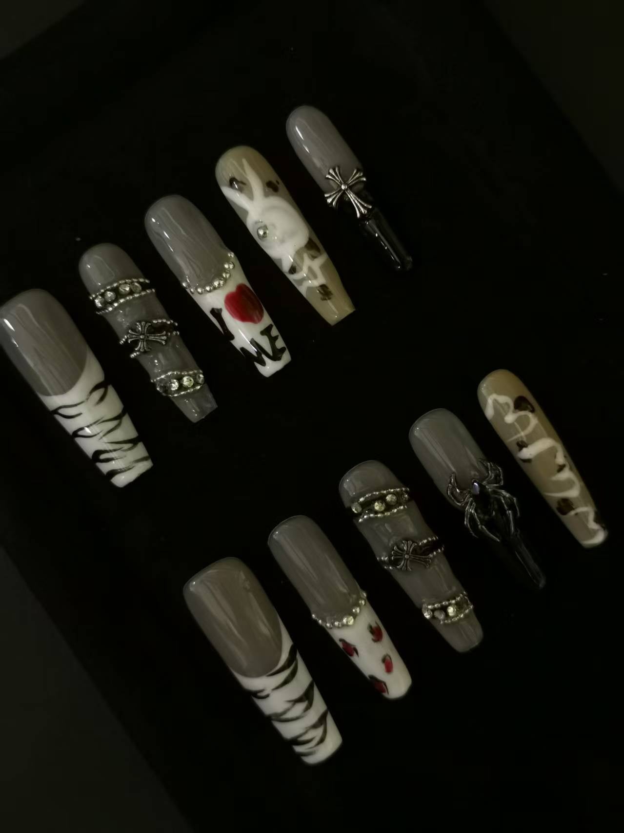 Handmade Nail art designs press on nails with 3d flower gel glue coffin stiletto square belt  design animal print crome decor