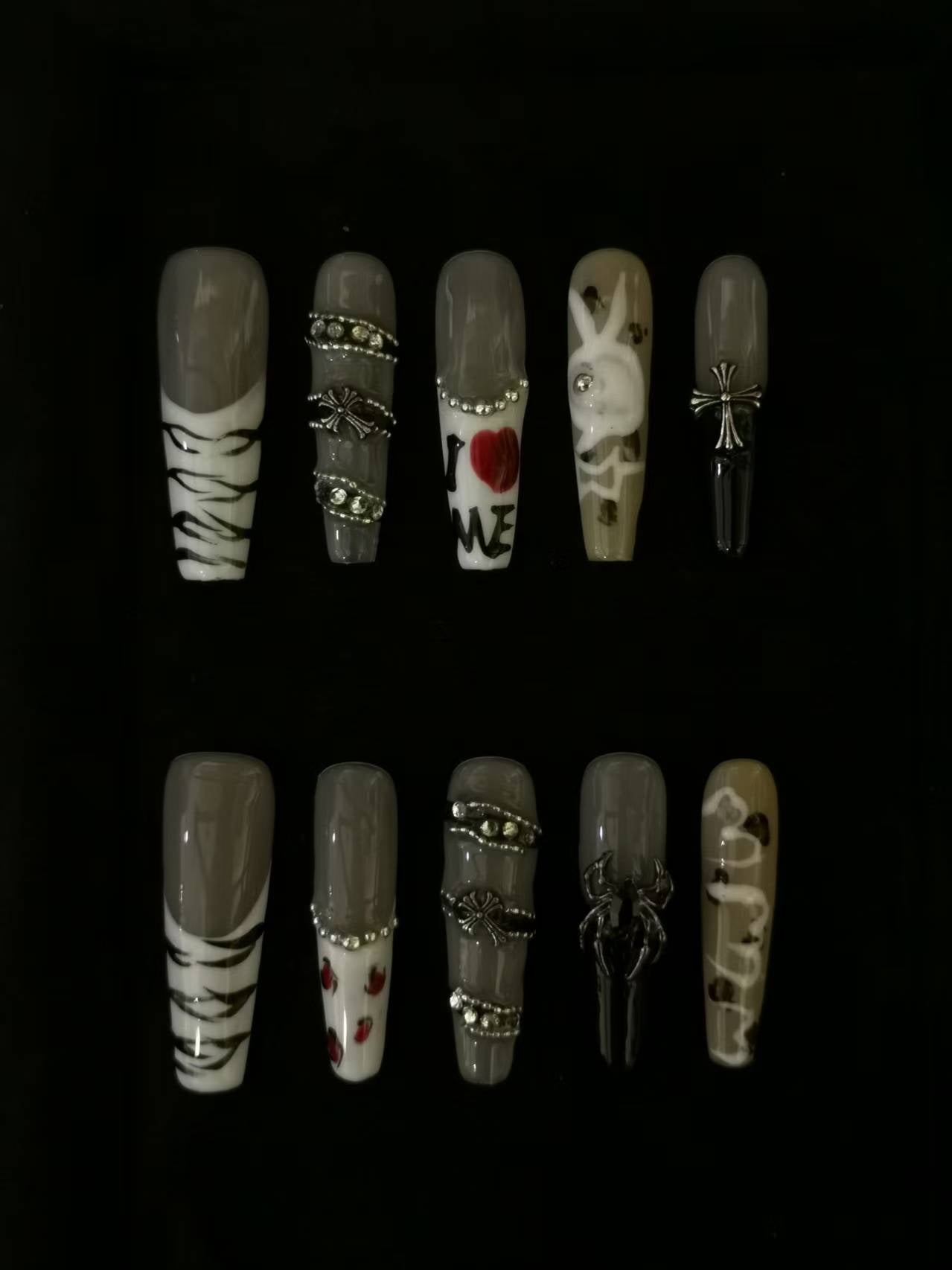 Handmade Nail art designs press on nails with 3d flower gel glue coffin stiletto square belt  design animal print crome decor