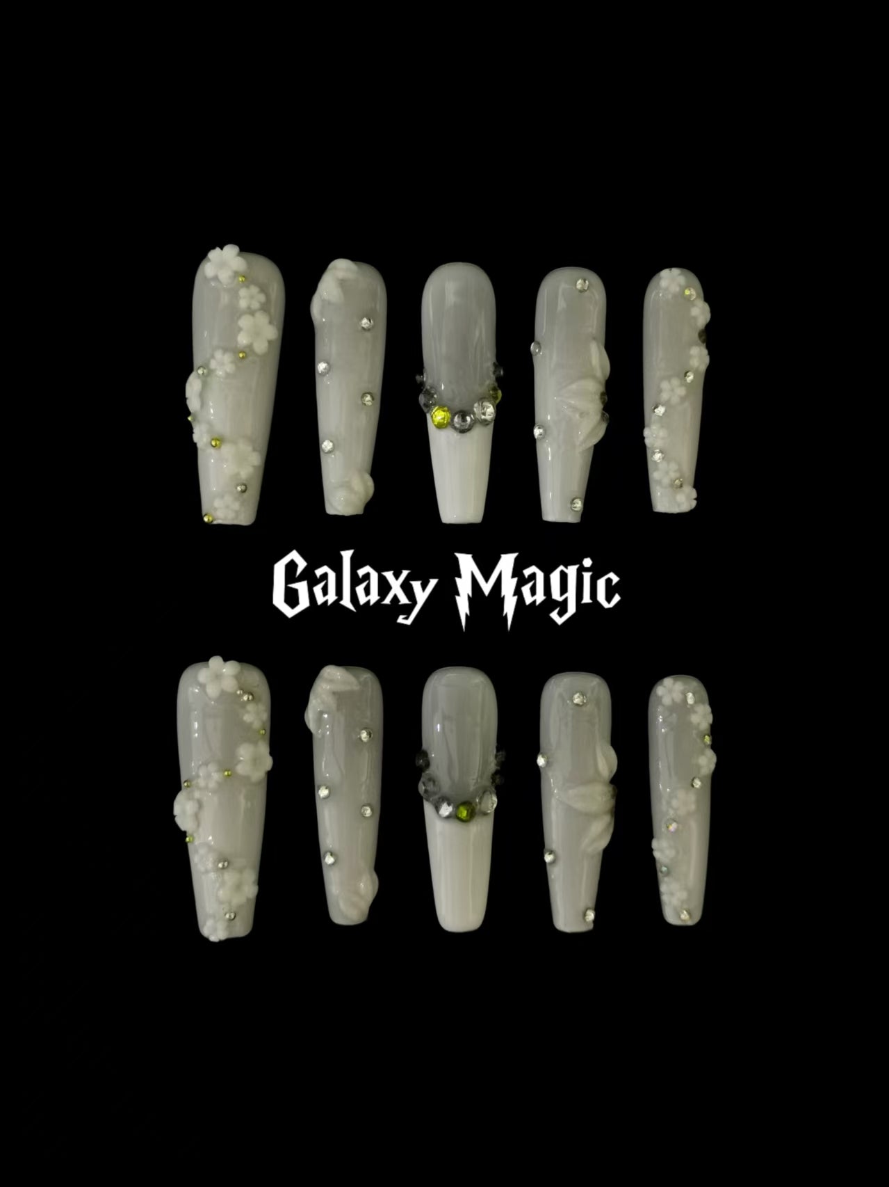 Handmade Nail art designs press on nails with 3d flower gel glue coffin stiletto square white nails with gemstones